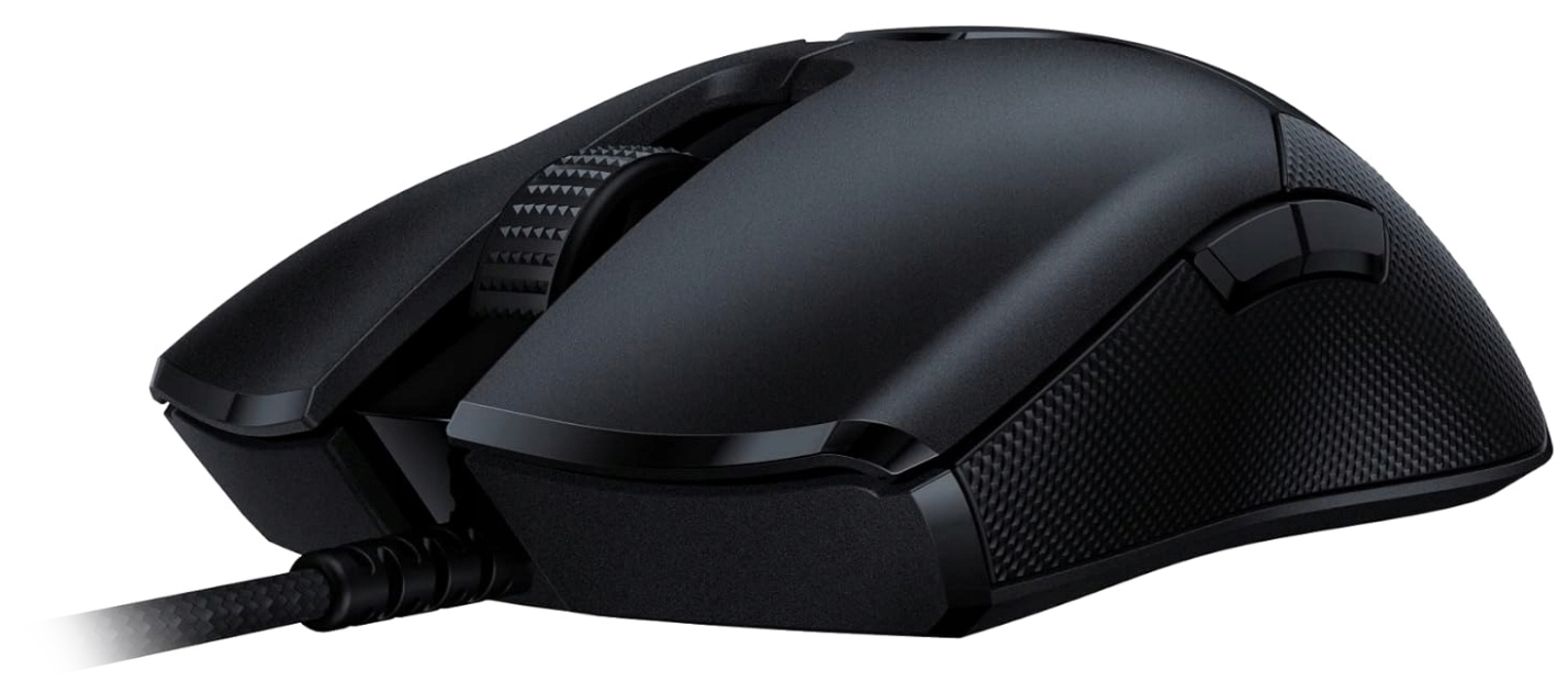 Czarna mysz gamingowa Razer Viper 8KHz widziana z boku na białym tle. Ergonomiczna konstrukcja wyróżnia się matowym wykończeniem oraz antypoślizgową fakturą na boku obudowy z dwoma przyciskami. Widoczny jest przewód w oplocie oraz kółko przewijania.