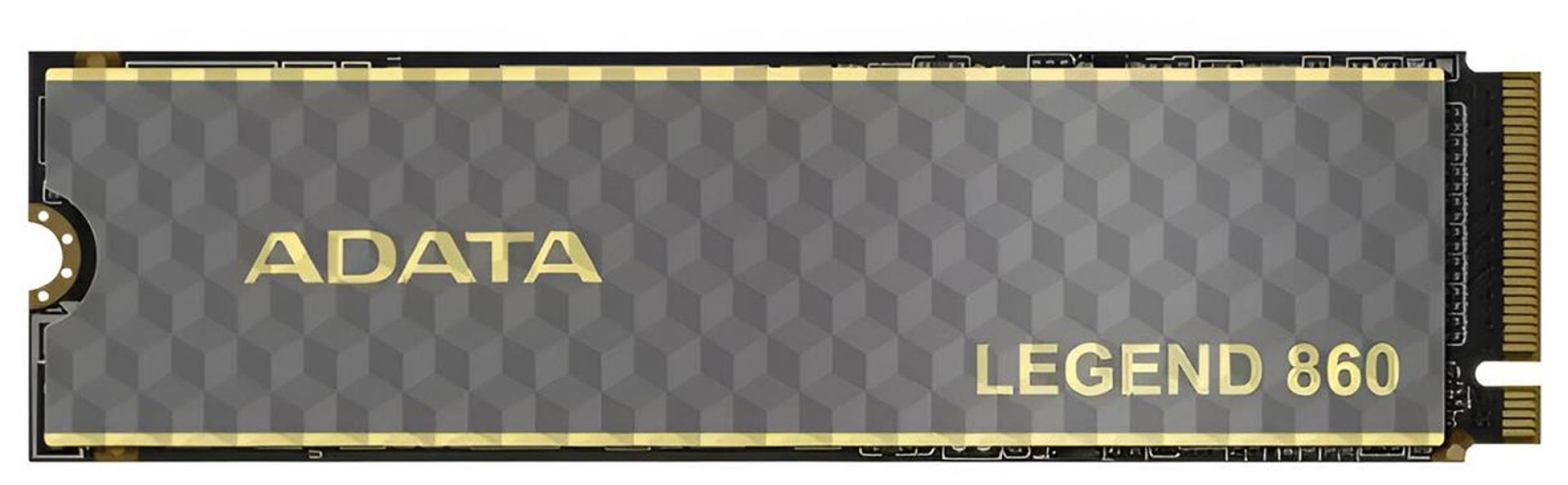 Dysk SSD ADATA LEGEND 860 2TB w formacie M.2, widok od góry na białym tle. Urządzenie posiada ciemnoszary radiator z geometrycznym wzorem, złotymi napisami ADATA oraz LEGEND 860 i ozdobnymi, złotymi krawędziami.