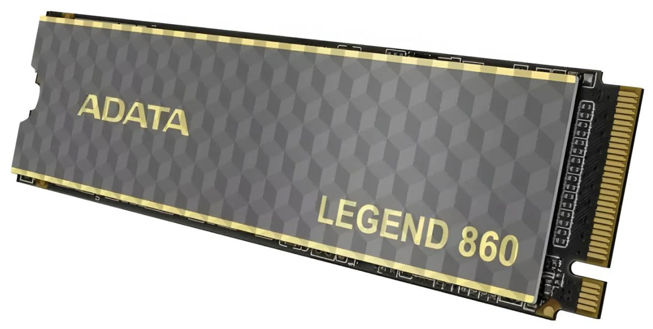 Dysk SSD ADATA LEGEND 860 2TB w ujęciu z góry pod skosem, prezentujący ciemnoszary radiator z geometrycznym wzorem i złotymi oznaczeniami producenta oraz modelu. Produkt umieszczony na jednolitym białym tle z widocznymi stykami złącza po prawej stronie.