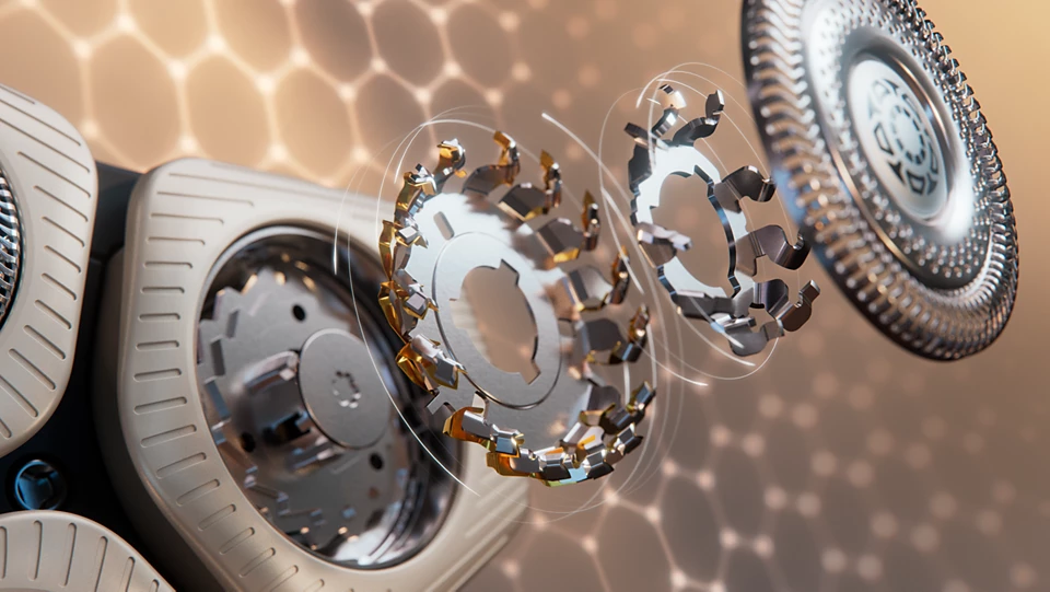 Zbliżenie na trzy rozłożone głowice golarki Philips S9000 Prestige SP9840/32, ukazujące ich wewnętrzną mechanikę i ostrza.