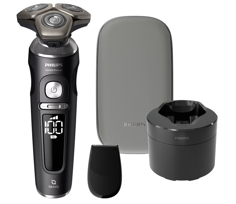 Zestaw Philips S9000 Prestige SP9840/32 z golarką, etui, stacją czyszczącą i nasadką.