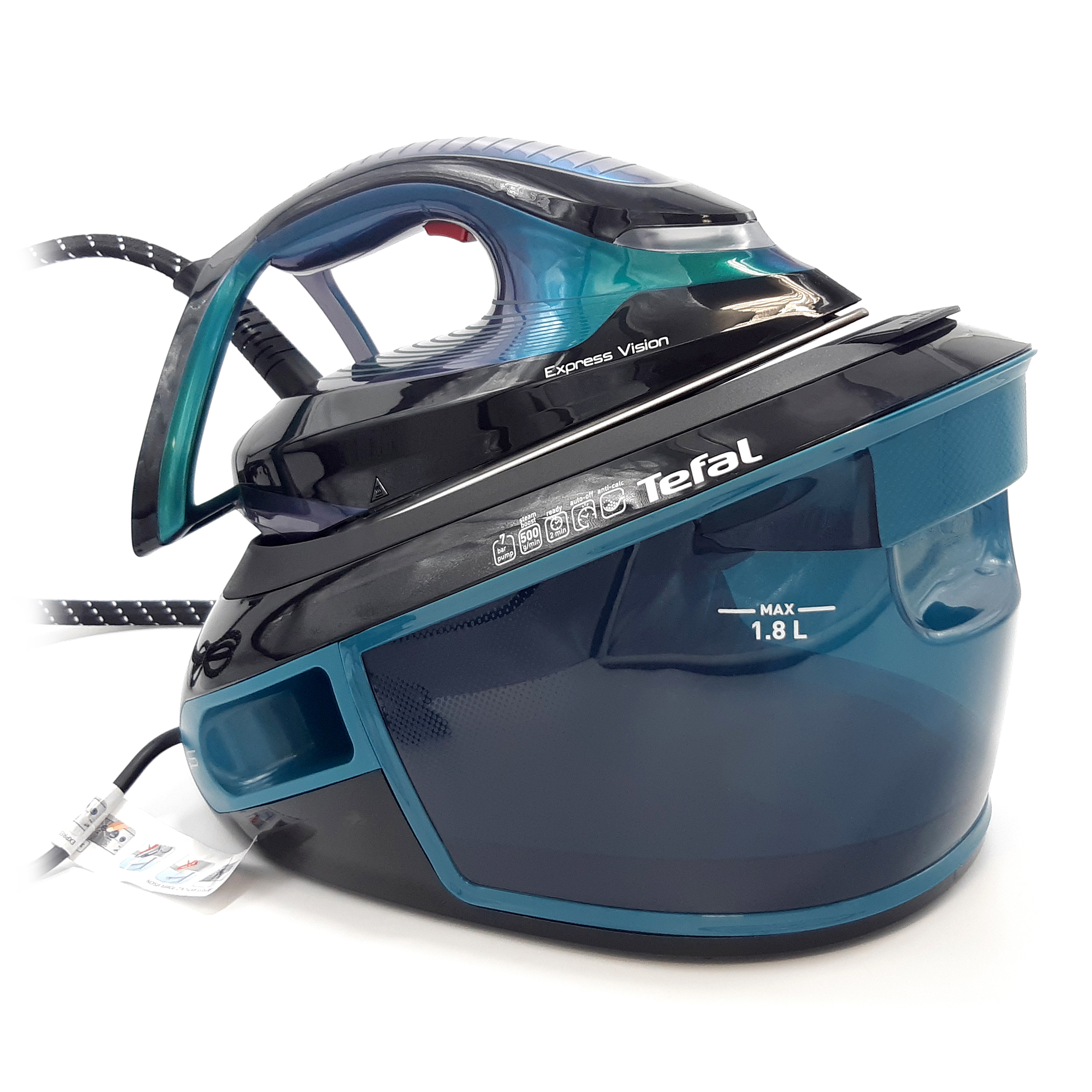 Czarny generator pary Tefal Express Vision SV8151 z turkusowymi detalami, widoczny na białym tle, z widocznym zbiornikiem na wodę 1.8 L.