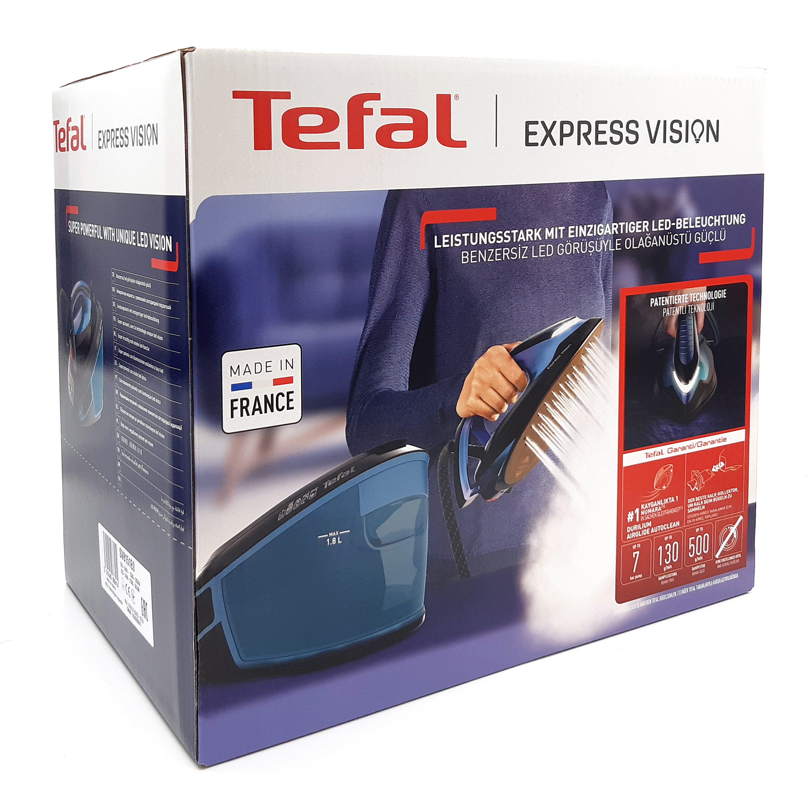 Opakowanie generatora pary Tefal Express Vision SV8151 z grafiką przedstawiającą produkt w użyciu i jego kluczowe cechy.