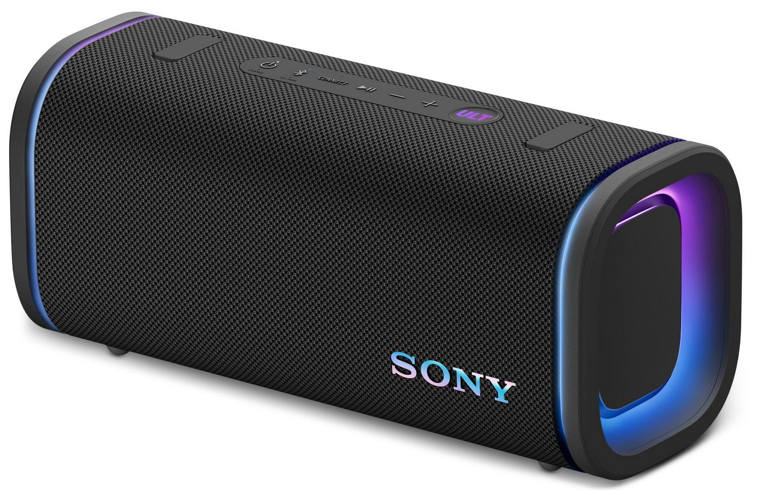 Czarny głośnik mobilny Sony ULT FIELD 5 z kolorowym podświetleniem RGB na bokach i przy logotypie. Widok z boku ukazuje teksturę siatki, panel przycisków na górze oraz fioletowy przycisk funkcji ULT.