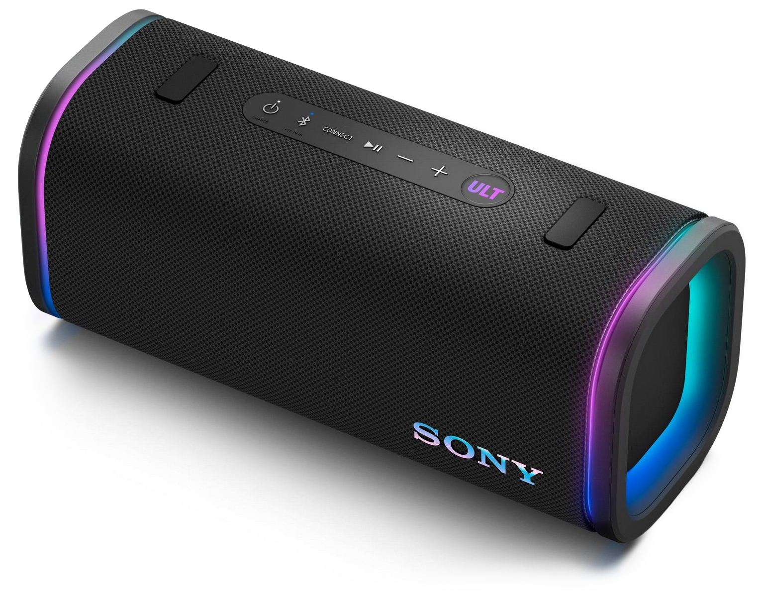Czarny głośnik bezprzewodowy Sony ULT FIELD 5 w ujęciu z góry. Widoczne są przyciski sterujące na górnym panelu oraz efektowne podświetlenie RGB wokół bocznych membran i na logo producenta.