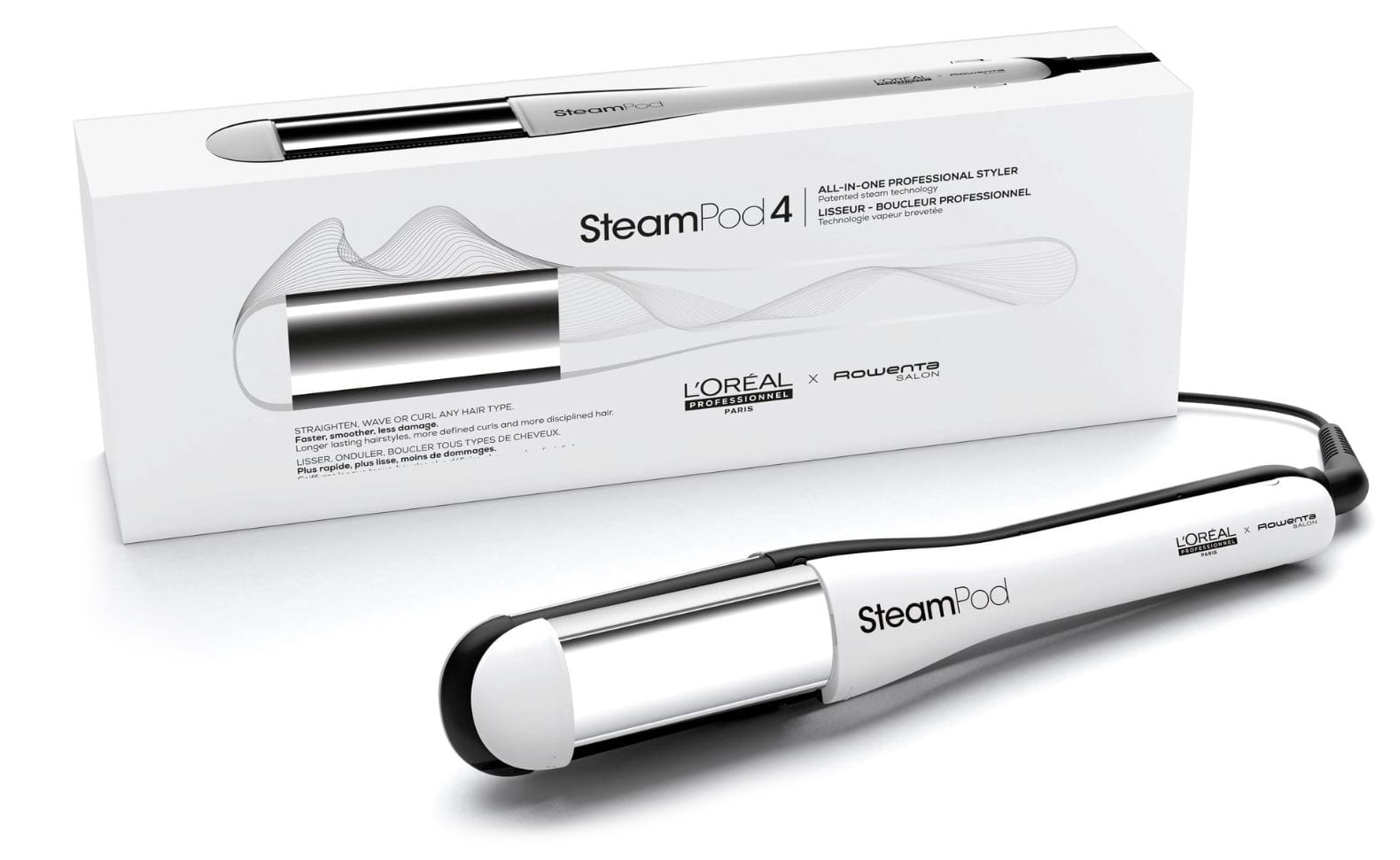 Biała prostownica parowa SteamPod 4 zaprezentowana obok fabrycznego opakowania. Urządzenie o nowoczesnym designie służy do prostowania i kręcenia włosów, co podkreślają zewnętrzne płytki grzewcze. Na obudowie i pudełku widoczne są logotypy L'Oréal Professionnel oraz Rowenta.