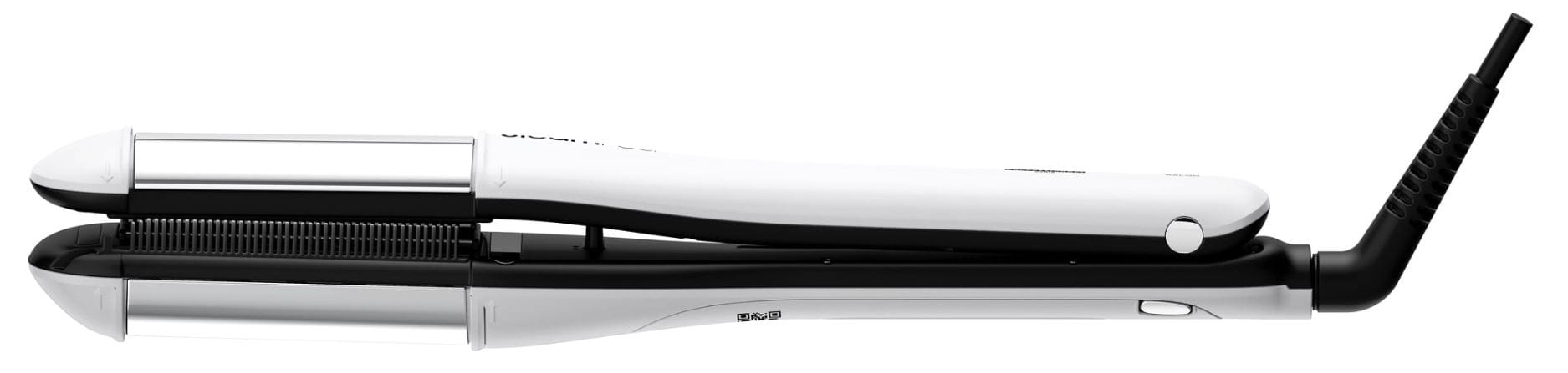 Profil prostownicy SteamPod 4 w kolorystyce biało-czarnej. Widoczne są zewnętrzne, metaliczne płytki do stylizacji fal, grzebień oraz ergonomiczny kształt rączki z przyciskiem sterującym i kodem QR. Konstrukcję wieńczy obrotowe wejście przewodu zasilającego.