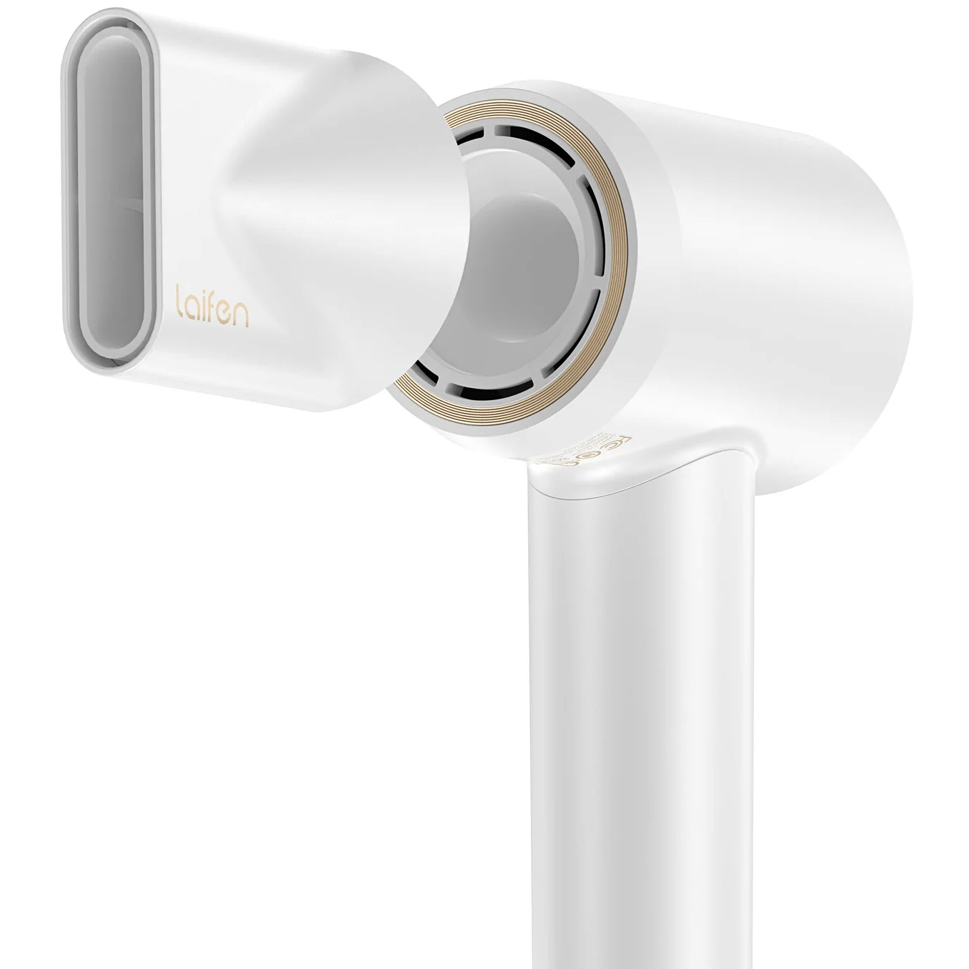 Zbliżenie na białą dyszę koncentrującą z złotym logo Laifen i białą głowicę suszarki Laifen Swift Premium. Widoczne są złote pierścienie magnetyczne we wnętrzu wylotu powietrza.