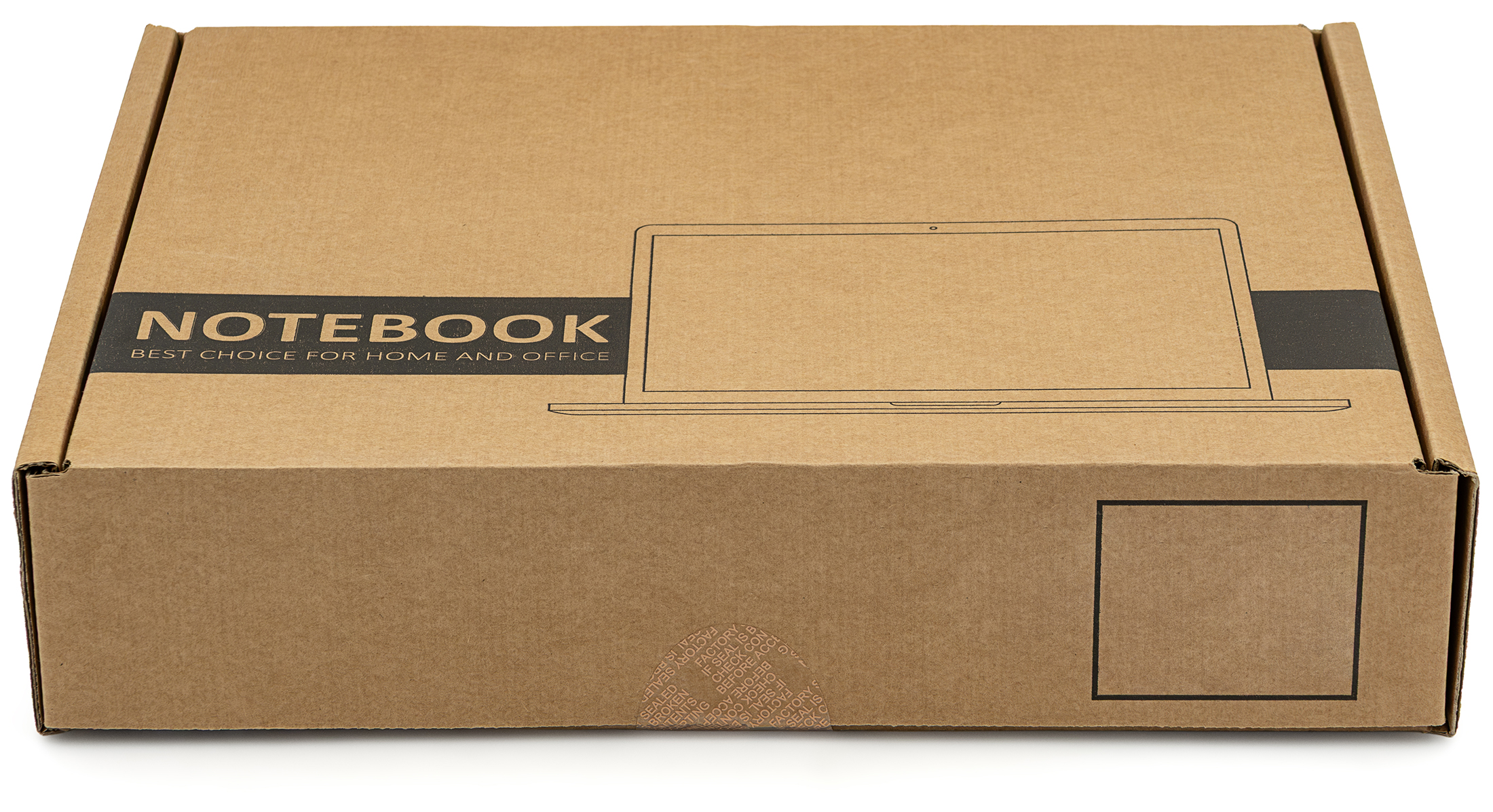 Brązowe kartonowe opakowanie laptopa Asus Vivobook 14 Flip TP3407SA na białym tle. Na pokrywie widoczny jest czarny pas z napisem NOTEBOOK oraz uproszczony rysunek laptopa. Z przodu pudełka umieszczono plombę fabryczną i ramkę na dane logistyczne. Jest to widok ogólny produktu w opakowaniu transportowym.