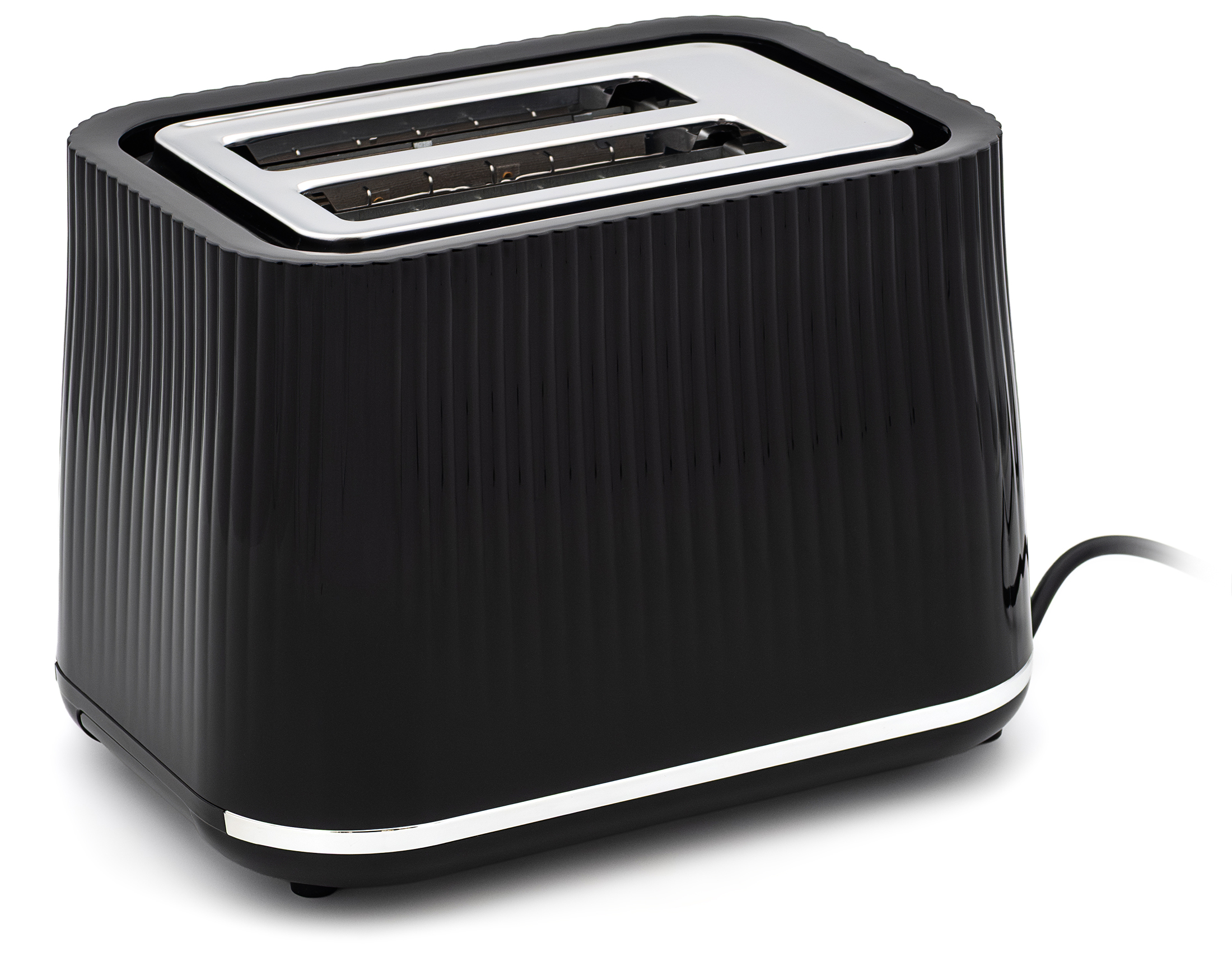Czarny toster Tefal Loft TT761838, widok od tyłu pod kątem. Zdjęcie prezentuje błyszczącą, karbowaną obudowę, chromowaną listwę u podstawy oraz dwie szczeliny na pieczywo na górnym, srebrnym panelu. Z boku widoczny jest czarny przewód zasilający.