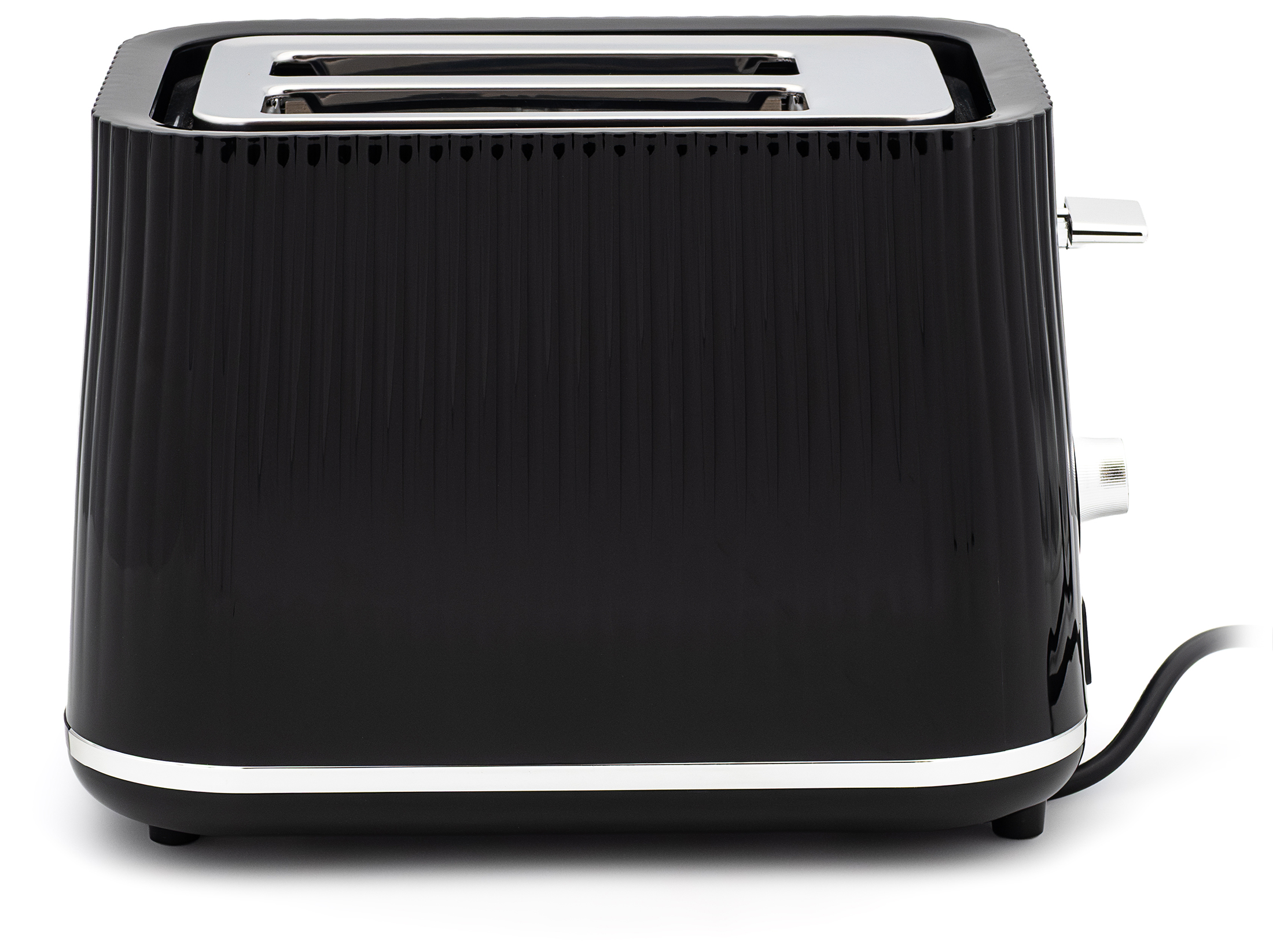 Czarny toster Tefal Loft TT761838 widoczny z boku, na białym tle. Zdjęcie podkreśla błyszczącą, karbowaną obudowę z chromowanym wykończeniem dolnej krawędzi oraz srebrną dźwignię startową po prawej stronie. Na górze urządzenia znajdują się dwie szczeliny na grzanki.