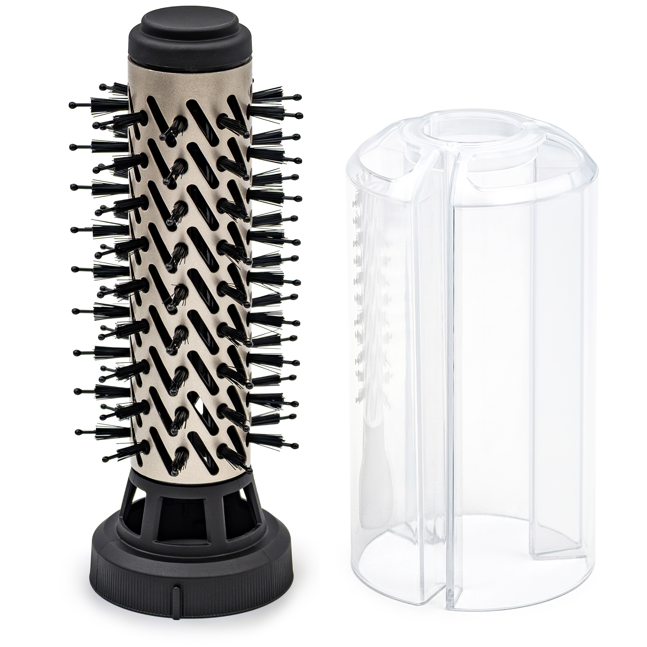 Okrągła szczotka 30 mm do lokówko-suszarki Rowenta Brush Activ prezentowana obok przezroczystej osłony ochronnej na białym tle. Akcesorium ma złoty, perforowany wałek z czarnym włosiem i matową, czarną podstawę. Jest to widok z przodu ukazujący pojedynczy element wymienny zestawu wraz z zabezpieczeniem.