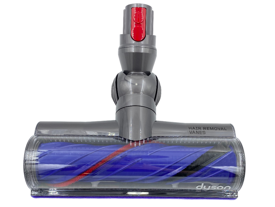 Szara elektroszczotka do odkurzacza Dyson V8 Advanced, z przezroczystą obudową. W środku widać obracający się, niebiesko-czerwony wałek.