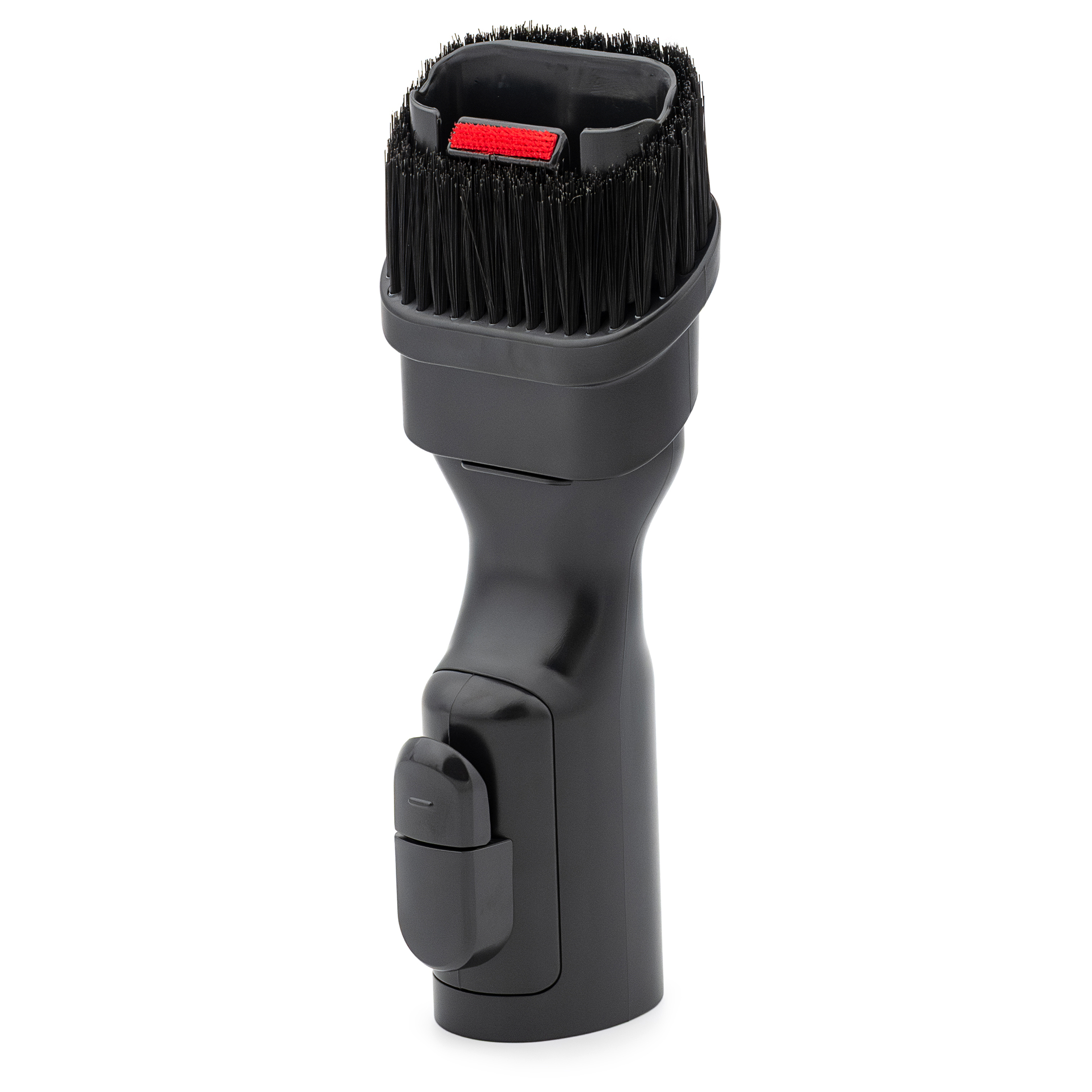 Czarna końcówka Combi do odkurzacza Samsung Jet 65 Pet z wysuwanym włosiem. Akcesorium posiada gęstą szczotkę do kurzu, czerwony element zbierający wewnątrz dyszy oraz przycisk funkcyjny na obudowie. Tło jest białe.