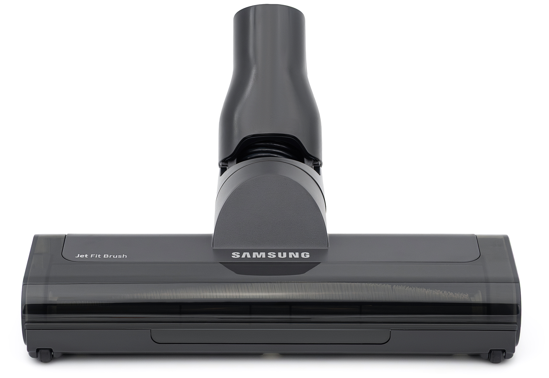 Ciemnoszara elektroszczotka Jet Fit Brush do odkurzacza Samsung, widok z przodu. Na obudowie widoczne są napisy SAMSUNG oraz Jet Fit Brush, a pod półprzezroczystą osłoną fragment wałka. Całość na białym tle.