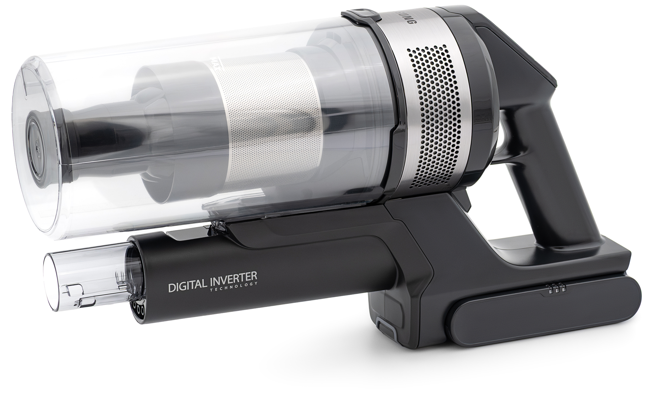 Jednostka centralna odkurzacza Samsung Jet 65 Pet w widoku z boku. Urządzenie posiada przezroczysty zbiornik na kurz, czarną obudowę z napisem DIGITAL INVERTER TECHNOLOGY oraz srebrne wykończenie filtra i silnika. Całość spoczywa na białym tle.