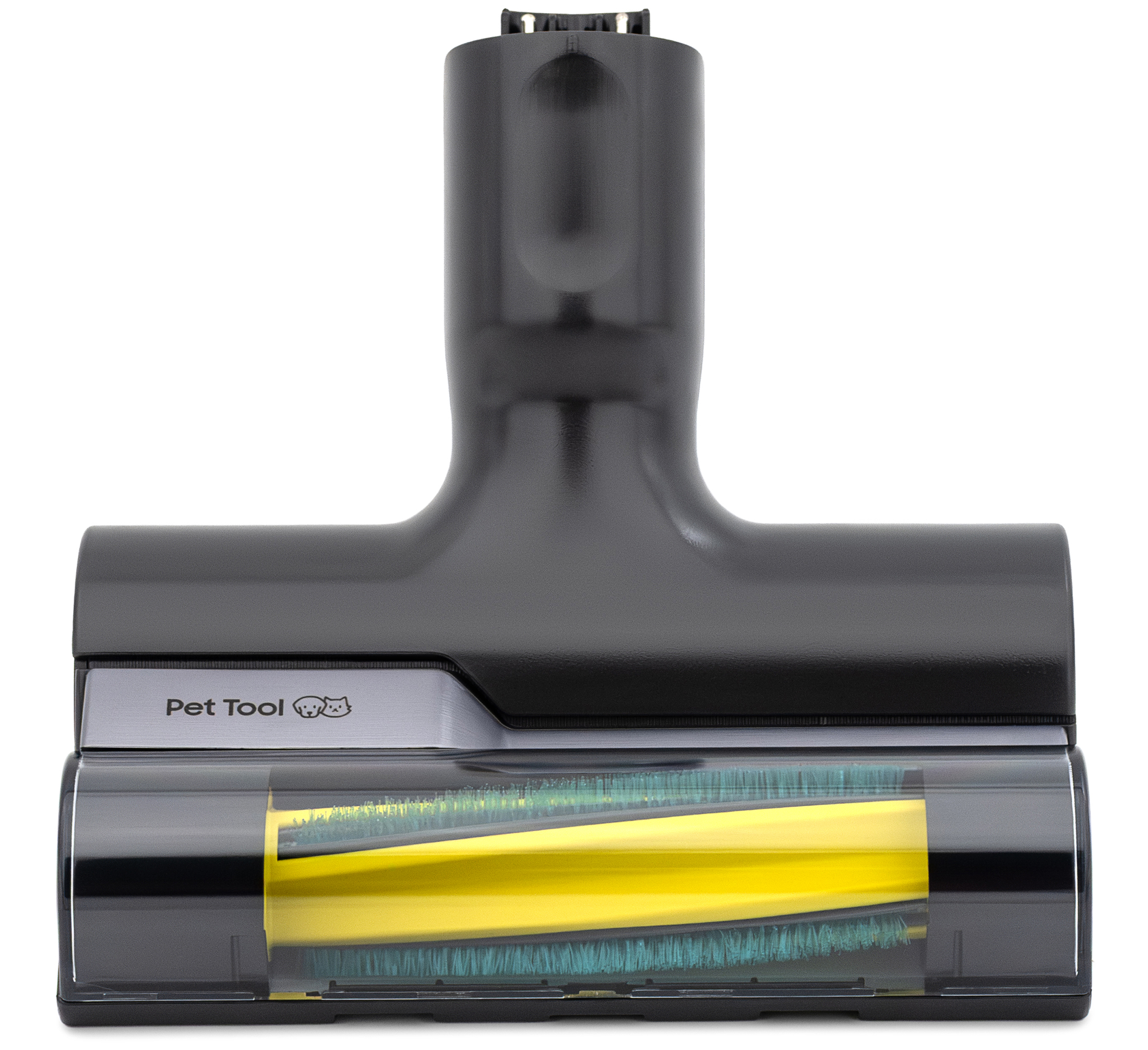 Czarna mini elektroszczotka Pet Tool z napisem i ikonami zwierząt, widok od przodu. Posiada charakterystyczny, jaskrawożółty wałek z turkusowym włosiem widoczny przez przezroczystą obudowę. Całość zaprezentowana na białym tle.