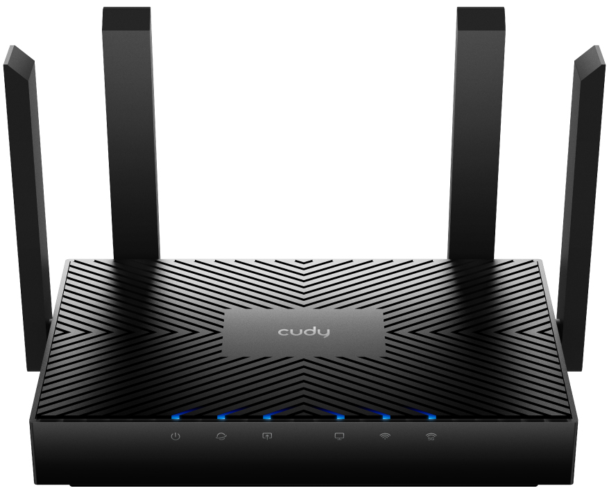 Router Cudy WR3000 WiFi AX3000 w kolorze czarnym z czterema antenami, widok od frontu. Urządzenie wyróżnia się geometrycznym wzorem linii na górnej obudowie oraz rzędem sześciu niebieskich diod kontrolnych na przednim panelu. Produkt przedstawiony jest na czystym, białym tle.