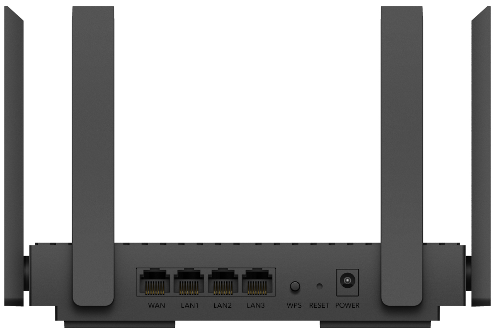 Widok od tyłu na router Cudy WR3000 WiFi AX3000 na białym tle. Na panelu widoczne są cztery porty ethernetowe WAN i LAN, przycisk WPS, otwór resetowania oraz wejście zasilania. Nad urządzeniem górują cztery czarne, płaskie anteny zewnętrzne.
