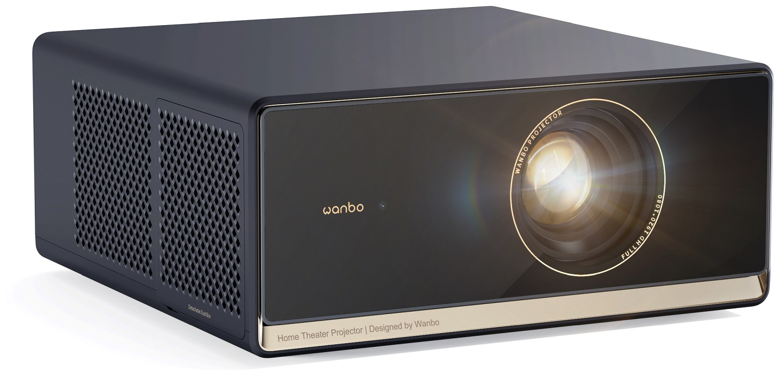 Czarny projektor WANBO X5 Pro ze złotymi wykończeniami, widok z boku na białym tle. Na szklanym froncie widoczny duży obiektyw ze złotą obwódką oraz logotyp marki. Obudowa charakteryzuje się nowoczesnym designem z wyraźną kratką wentylacyjną na bocznej ściance.