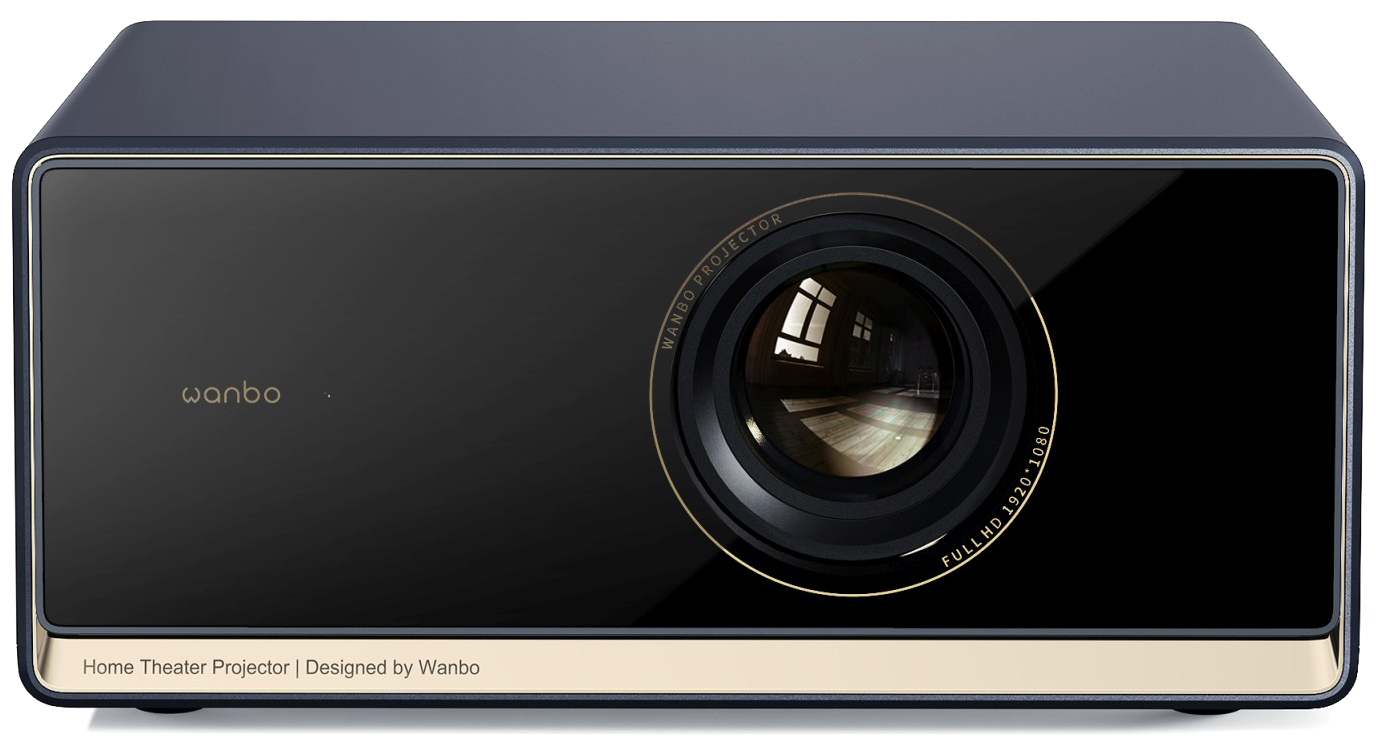 Widok od frontu na projektor WANBO X5 Pro w ciemnej obudowie ze złotymi detalami. Na czarnym, szklanym panelu wyróżnia się duży obiektyw Full HD oraz złoty logotyp producenta. Dolna krawędź wykończona jest ozdobną złotą listwą.