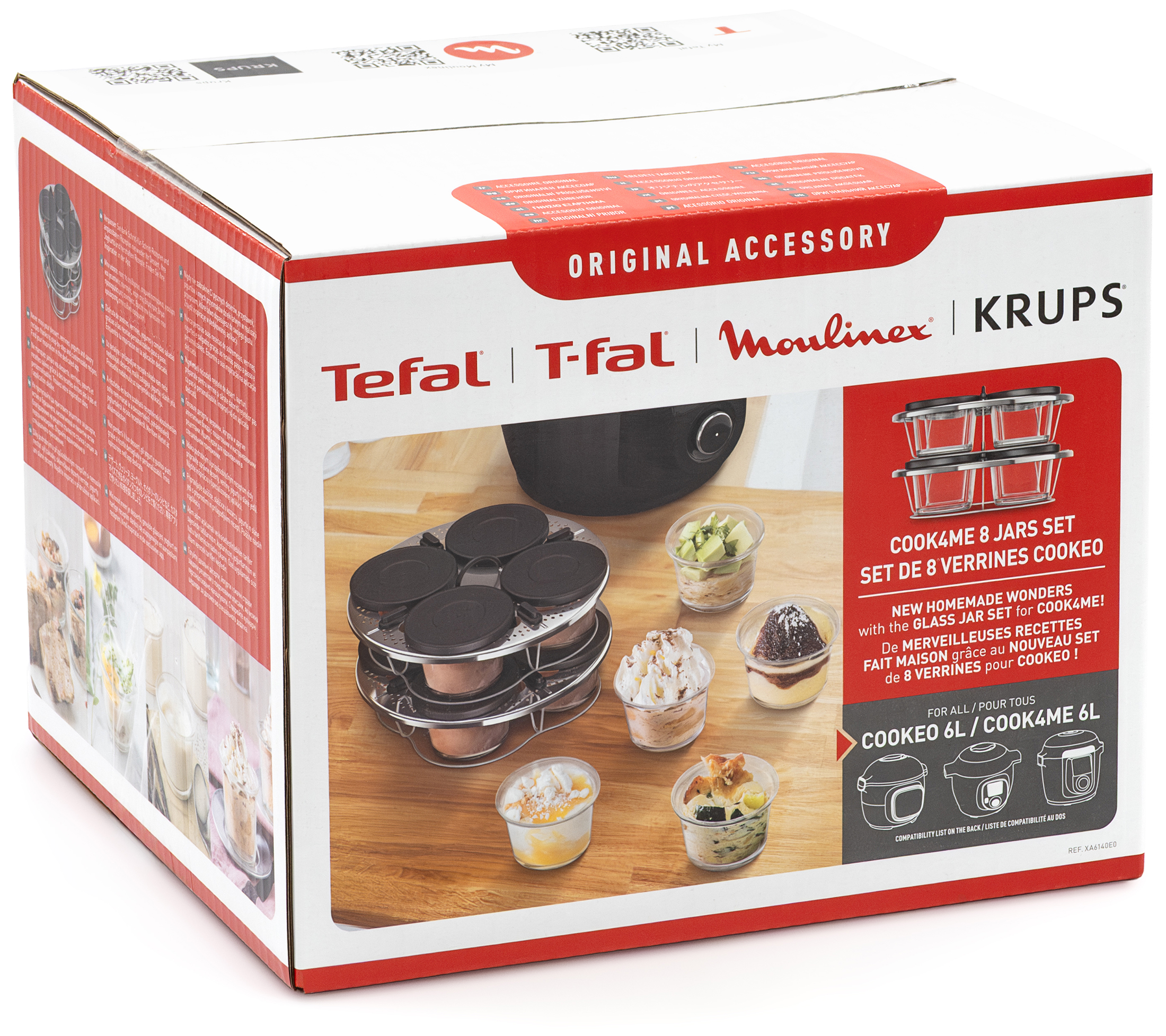 Oryginalne biało-czerwone pudełko zestawu 8 słoików Tefal Cook4Me XA6140E0. Opakowanie zawiera logotypy marek Tefal, Moulinex i Krups oraz zdjęcia słoiczków z deserami i stelaża. Widoczna jest informacja o przeznaczeniu do modeli o pojemności 6 litrów.