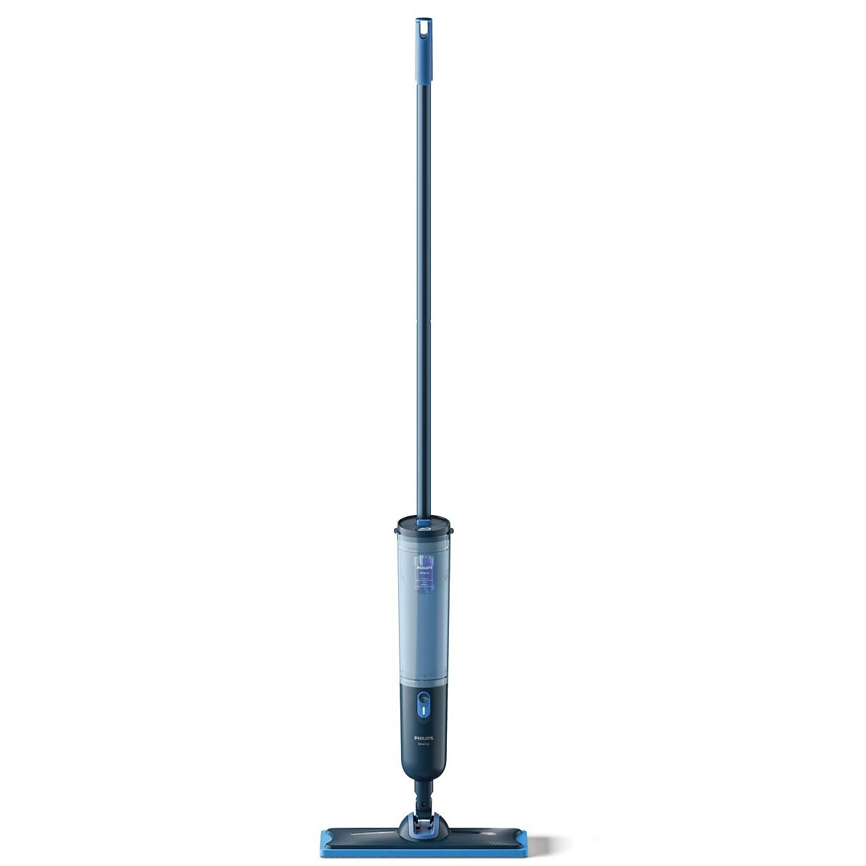 Pionowy, bezprzewodowy mop elektryczny Philips OneUp XV3101/01 w granatowo-niebieskiej kolorystyce, ustawiony na białym tle. Widoczna jest prostokątna głowica z nakładką czyszczącą oraz długi drążek z uchwytem.