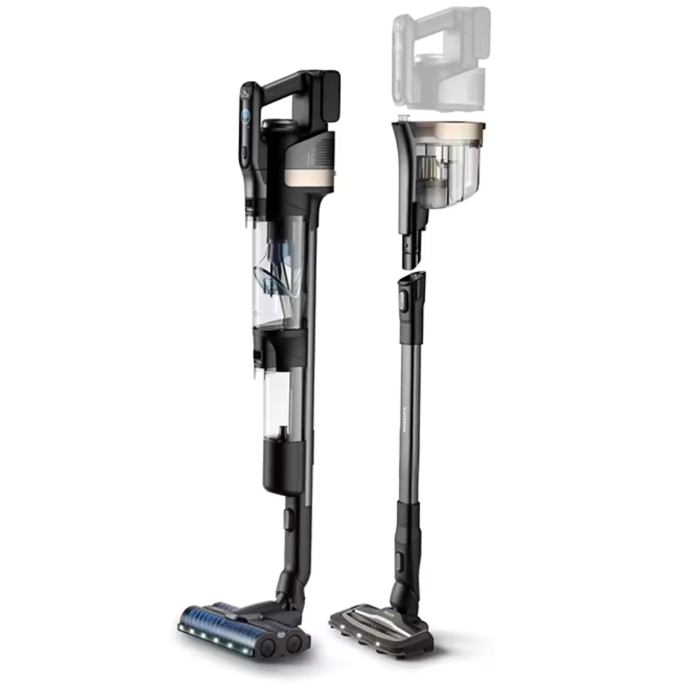Odkurzacz Philips AquaTrio XW9465/11 pokazany w wersji mopującej oraz do pracy na sucho. Urządzenie ma ciemnoszarą obudowę, podświetlaną szczotkę z niebieskimi rolkami oraz przezroczyste pojemniki. Obok widoczna jest długa rura z ssawką do twardych podłóg.