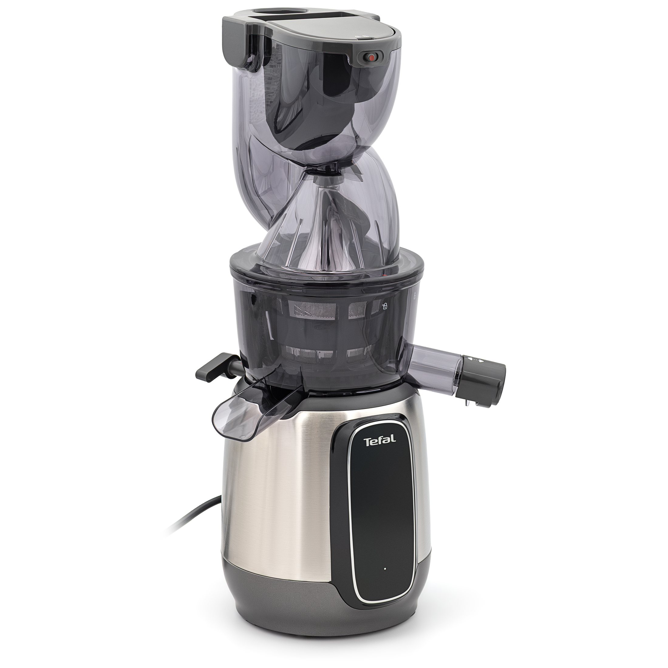 Srebrno-czarna wyciskarka wolnoobrotowa Tefal Ultra Juice Digit ZC605D38 na białym tle, widok od boku. Widoczny jest korpus ze stali nierdzewnej, panel cyfrowy, przezroczysty moduł tłoczący z wylewką na pulpę i wylewką na sok oraz tuba wsadowa.