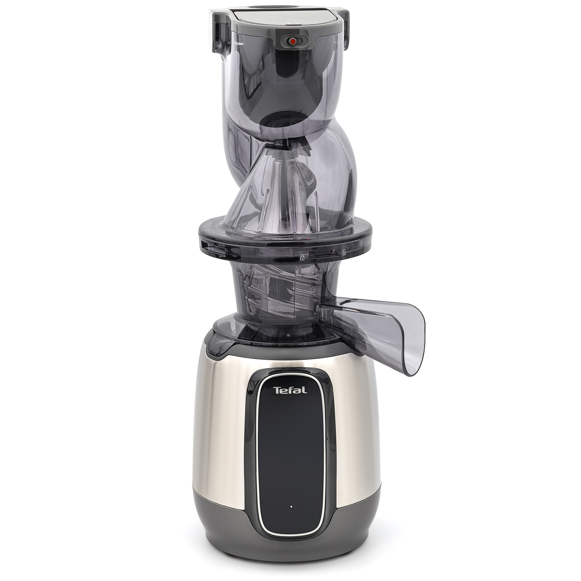 Pionowa wyciskarka wolnoobrotowa Tefal Ultra Juice Digit ZC605D38 zaprezentowana od przodu na białym tle. Urządzenie posiada obudowę ze szczotkowanej stali nierdzewnej, czarny panel przedni z jasnym logo marki oraz górną część z przyciemnianego, przezroczystego tworzywa z widocznym ślimakiem i profilowanym wylotem soku.