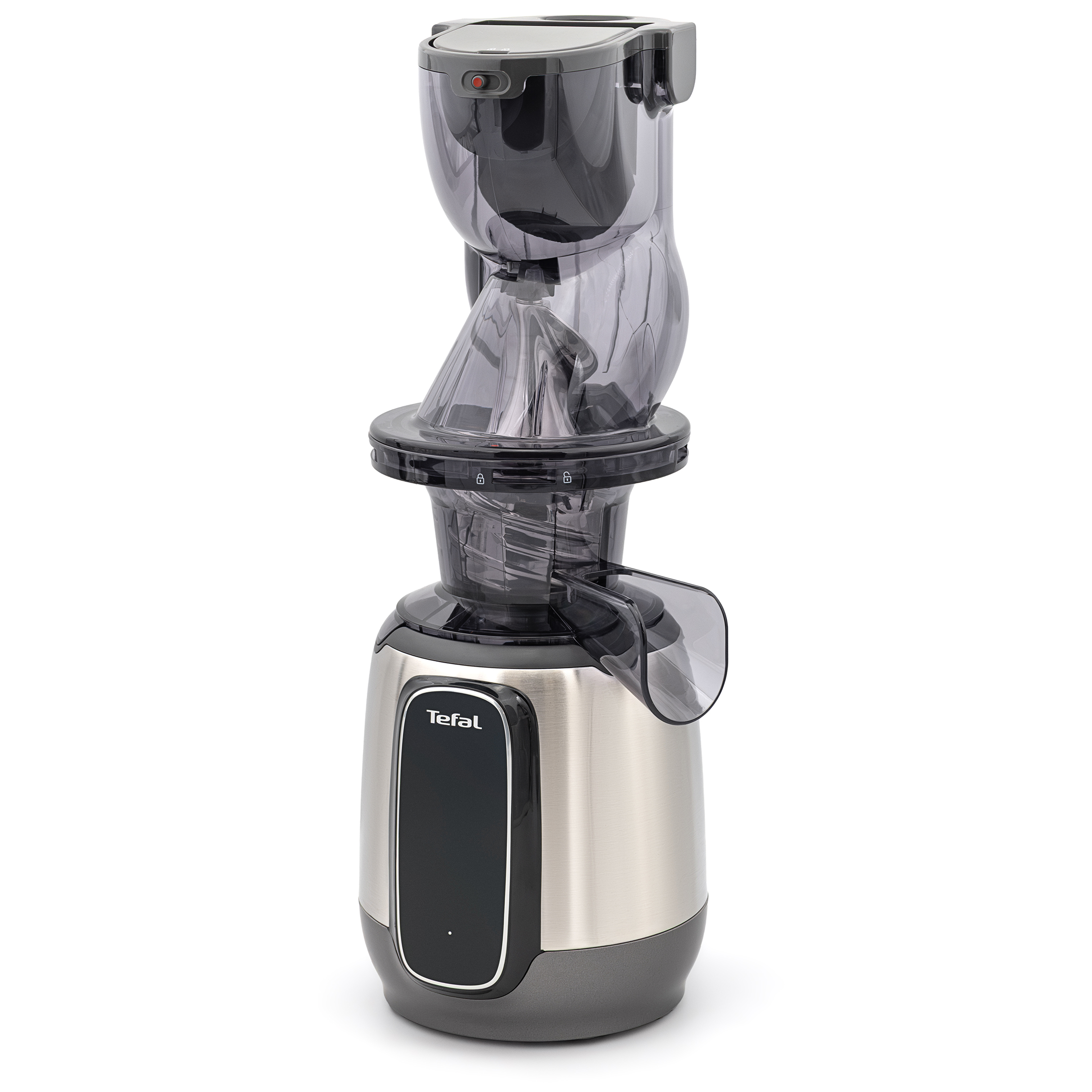 Pionowa wyciskarka wolnoobrotowa Tefal Ultra Juice Digit ZC605D38 ukazana pod lekkim kątem na białym tle. Urządzenie posiada obudowę ze szczotkowanej stali nierdzewnej, czarny panel z białym logo Tefal, ciemny, przezroczysty moduł wyciskający z widocznym ślimakiem oraz profilowany dzióbek wylotowy po prawej stronie.