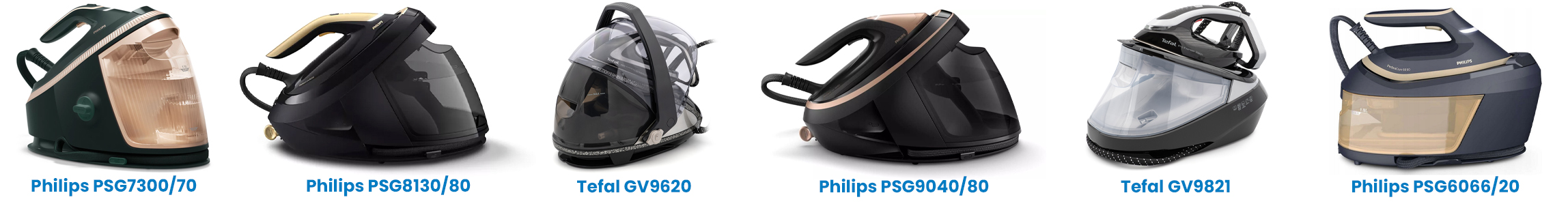 Sześć modeli stacji parowych Philips oraz Tefal zaprezentowanych obok siebie na białym tle. Każdy produkt posiada pod spodem podpis z nazwą modelu. Widoczne są różnice w kolorystyce obudów i zbiorników na wodę, od ciemnych matowych czerni po elementy miedziane i błękitne.