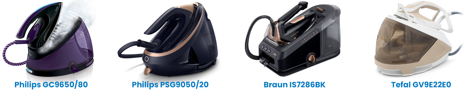 Zestawienie czterech modeli stacji parowych marek Philips, Braun oraz Tefal na białym tle. Każdy produkt jest podpisany niebieską czcionką z numerem modelu. Urządzenia różnią się kolorystyką (fiolet, granat, czerń, biel) oraz kształtem zbiorników na wodę.