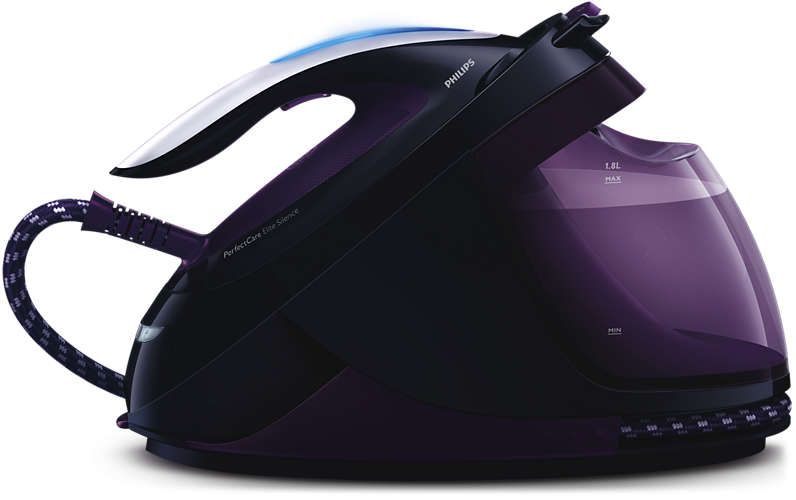 Boczny widok na generator pary Philips PerfectCare Elite GC9650/80 w kolorach purpury i czerni. Widoczny jest duży, przezroczysty zbiornik na wodę z oznaczeniem maksymalnej pojemności 1.8L oraz żelazko spoczywające na bazie.