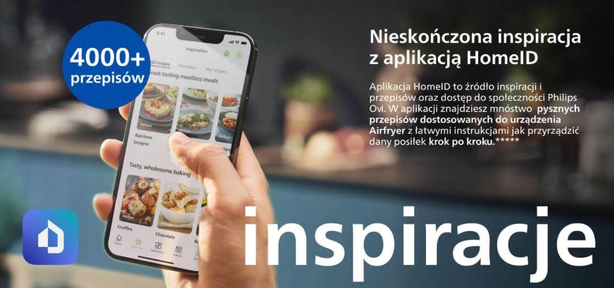 Smartfon z aplikacją HomeID pokazującą ponad 4000 przepisów kulinarnych.