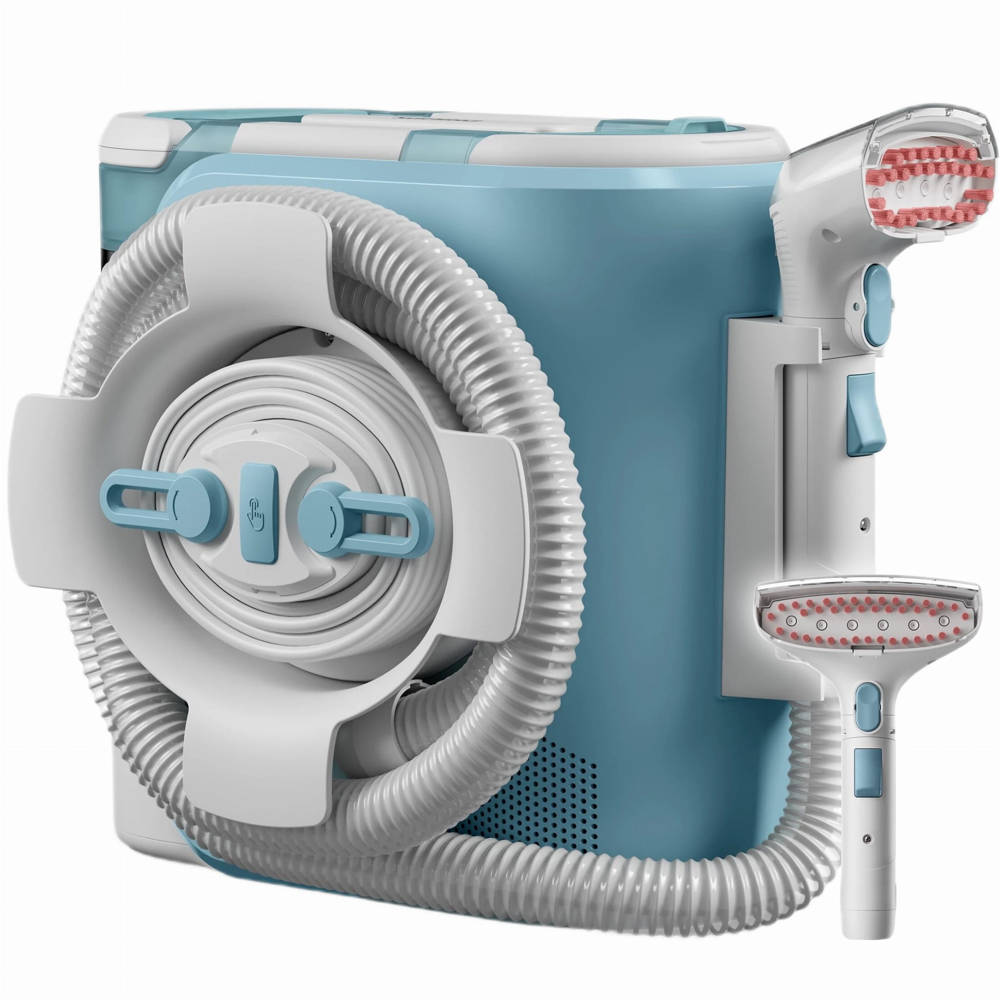 Niebiesko-biały odkurzacz parowy PHILIPS SpotClean 3000 XW3193/11 z białym zwiniętym wężem i dwoma końcówkami parowymi, widziany z boku.