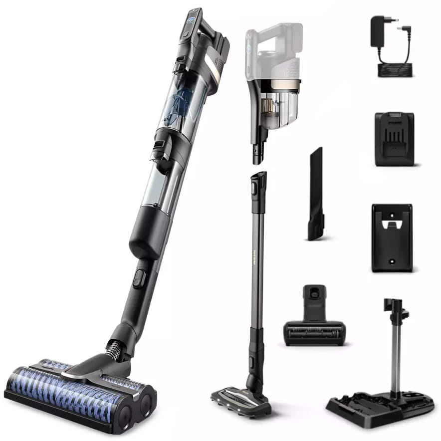Odkurzacz pionowy Philips XW9383/01 w kolorze czarnym z przezroczystym zbiornikiem, przedstawiony wraz z kompletnym zestawem akcesoriów.