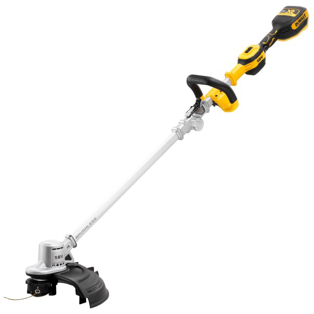 Żółto-czarna podkaszarka akumulatorowa żyłkowa 18V DeWalt DCMST561N, z długim białym drążkiem i czarną głowicą.