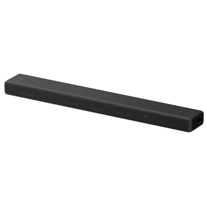 Czarny, podłużny soundbar Sony HT-A3000, widoczny pod lekkim kątem od przodu i z prawej strony, na białym tle. Urządzenie ma minimalistyczny design z matową powierzchnią i perforowaną siateczką maskującą głośniki. Z lewej strony widoczne jest subtelne logo SONY, a w centralnej części ekran tekstowy pokazujący TV oraz rząd wskaźników świetlnych po prawej stronie.