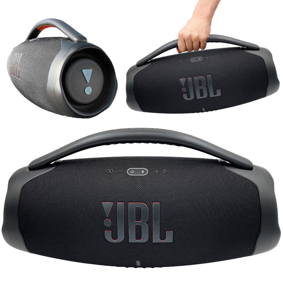 Czarny głośnik przenośny JBL Boombox 3 pokazany w trzech ujęciach: z boku, trzymany w dłoni, oraz frontalnie z panelem sterowania i logo JBL.