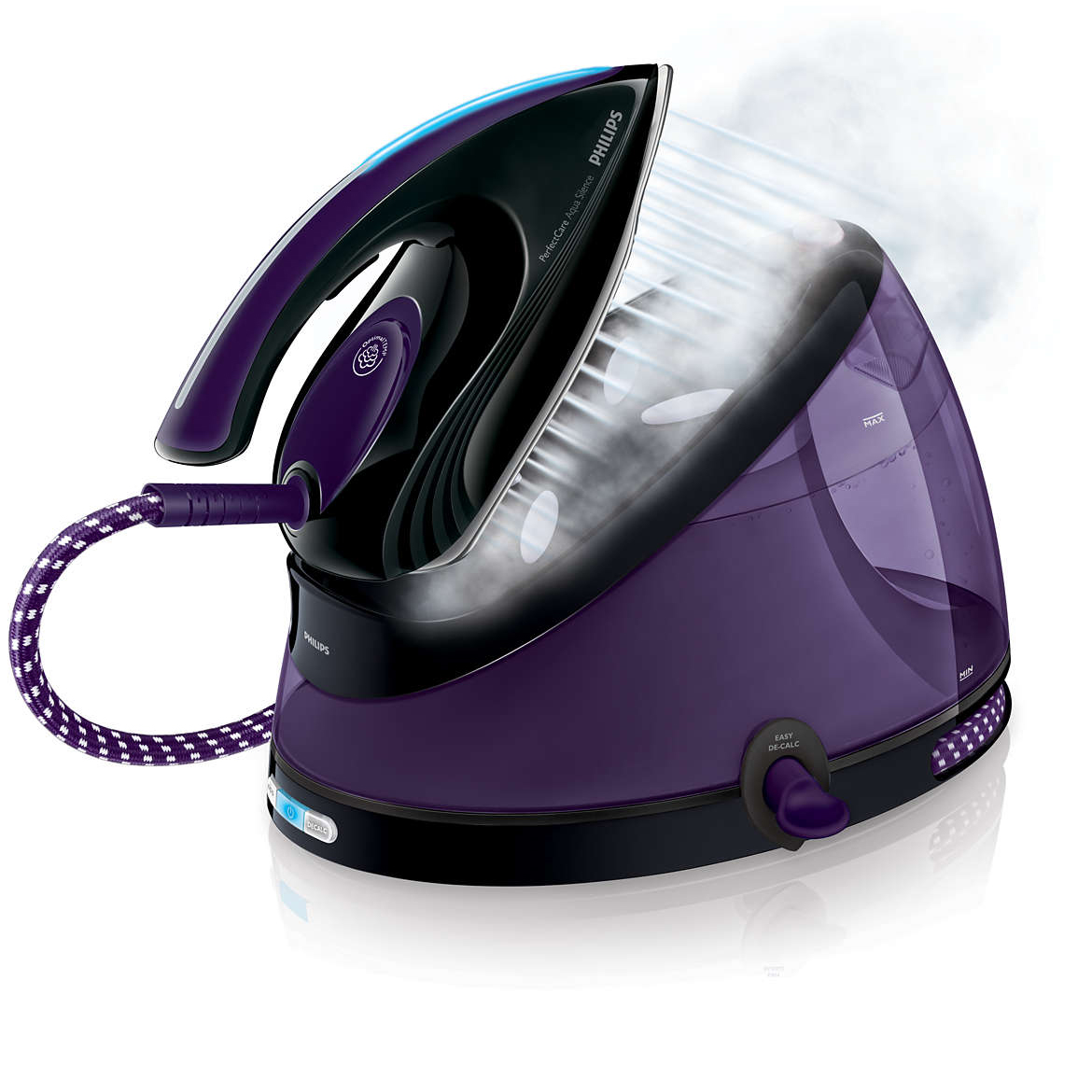 Generator pary Philips PerfectCare Elite GC9650/80 w kolorze purpurowym i czarnym, gotowy do pracy, z widoczną parą unoszącą się z tyłu bazy. Żelazko spoczywa na swoim miejscu, podłączone purpurowym przewodem. Widoczny jest zbiornik na wodę oraz pokrętło Easy De-Calc.