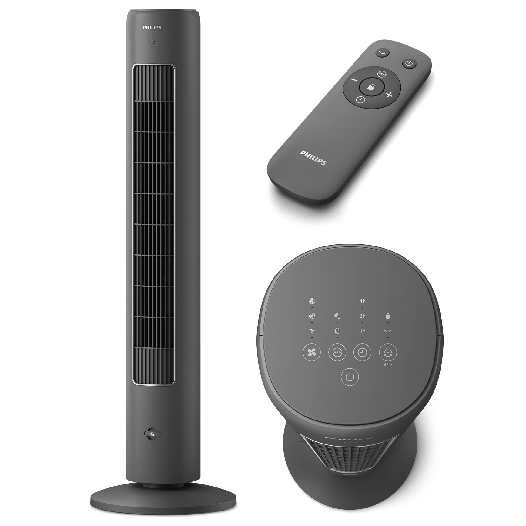 Wentylator kolumnowy Philips CX5535/11 w czarnym kolorze, z funkcją aromaterapii, przedstawiony na białym tle. Obok niego widoczny jest pilot z przodu, a poniżej panel sterowania.