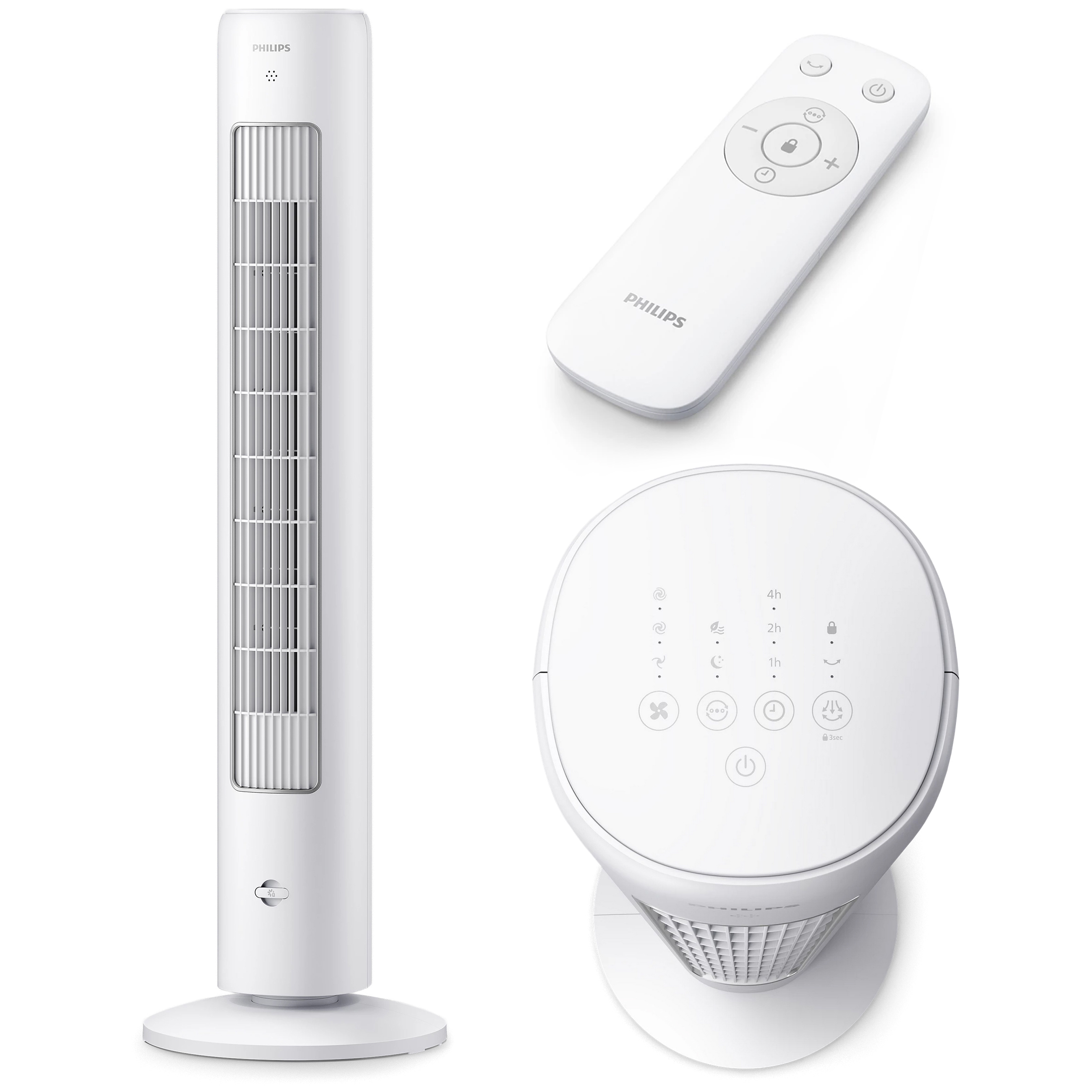 Wentylator kolumnowy Philips CX5535/00 w białym kolorze, z funkcją aromaterapii, przedstawiony na białym tle. Obok niego widoczny jest pilot z przodu, a poniżej panel sterowania.