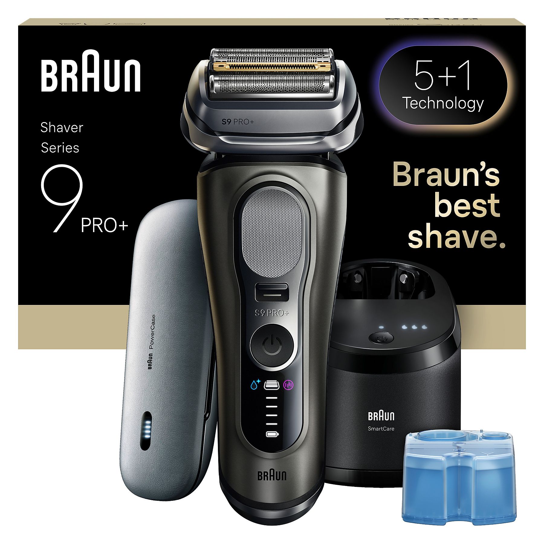Zestaw golarki elektrycznej Braun Series 9 PRO+ w kolorze ciemnoszarym, widoczny na tle opakowania. W skład zestawu wchodzi golarka, stacja czyszcząco-ładująca SmartCare Center, pojemnik z płynem oraz szare etui ładujące PowerCase.