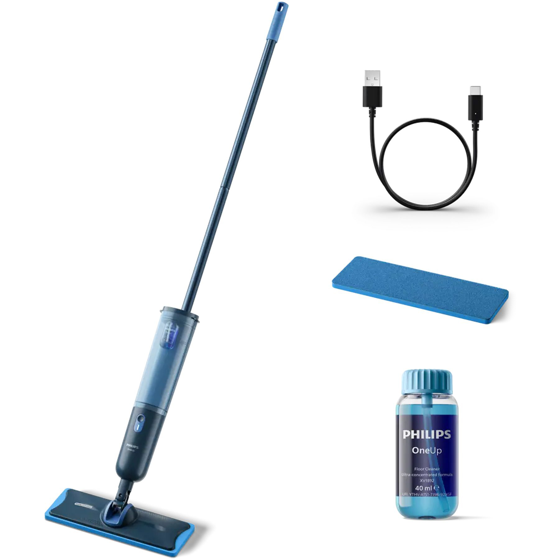 Granatowy, bezprzewodowy mop elektryczny Philips OneUp XV3101/01 z niebieską nakładką na głowicy, na białym tle. Obok mopa widoczny jest komplet akcesoriów: kabel USB-C, zapasowa niebieska nakładka z mikrofibry oraz butelka środka czyszczącego Philips OneUp.