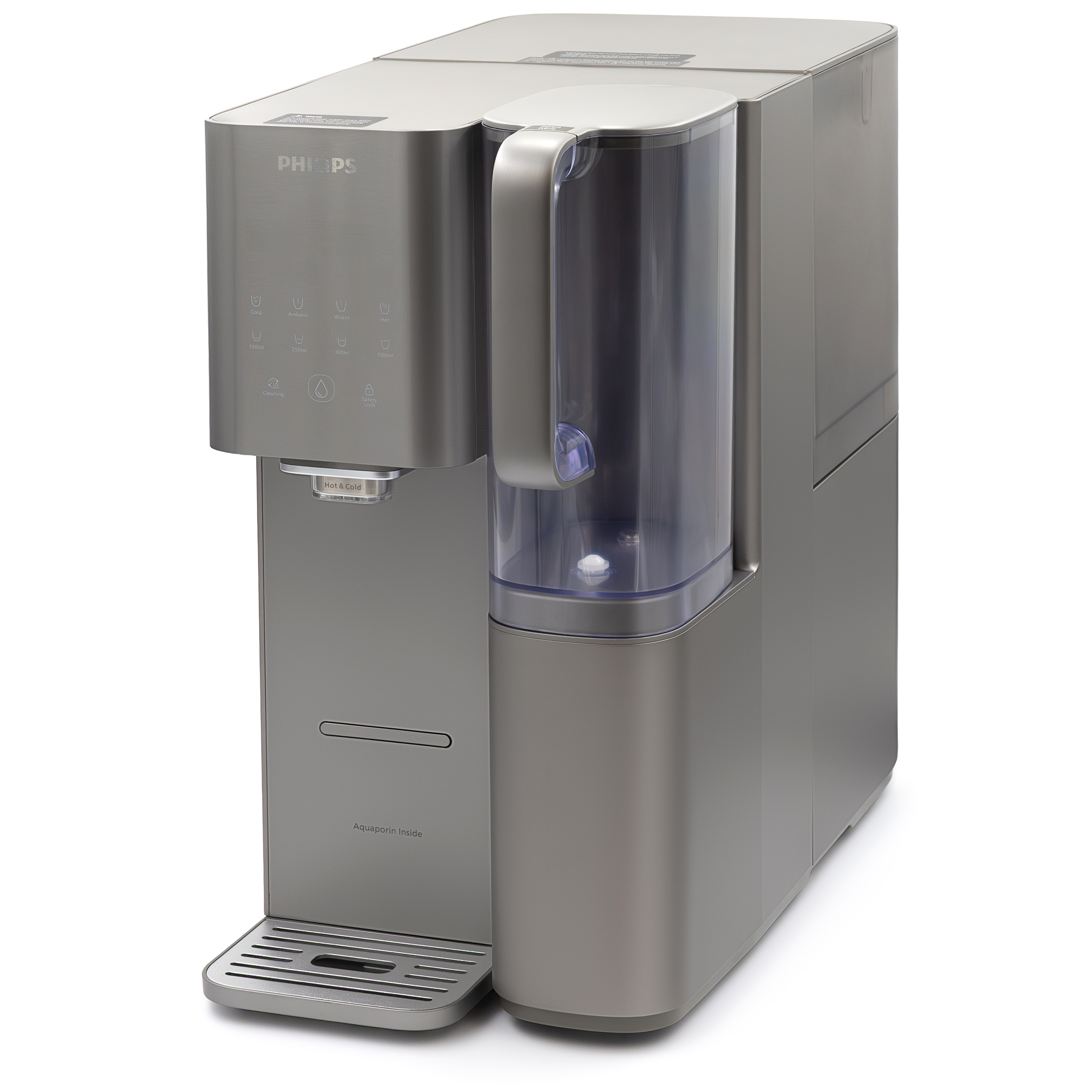 Nowoczesny dystrybutor wody Philips ADD6921DG/10 w kolorze grafitowym, wyposażony w system filtracji odwróconej osmozy. Urządzenie posiada dotykowy panel sterowania z możliwością wyboru temperatury (od zimnej po gorącą) oraz objętości wody. Front wyróżnia się przezroczystym zbiornikiem z ergonomicznym uchwytem oraz napisem „Aquaporin Inside” na dolnej części obudowy. Całość konstrukcji jest zwarta, nablatowa i wykończona metalicznym matowym materiałem.