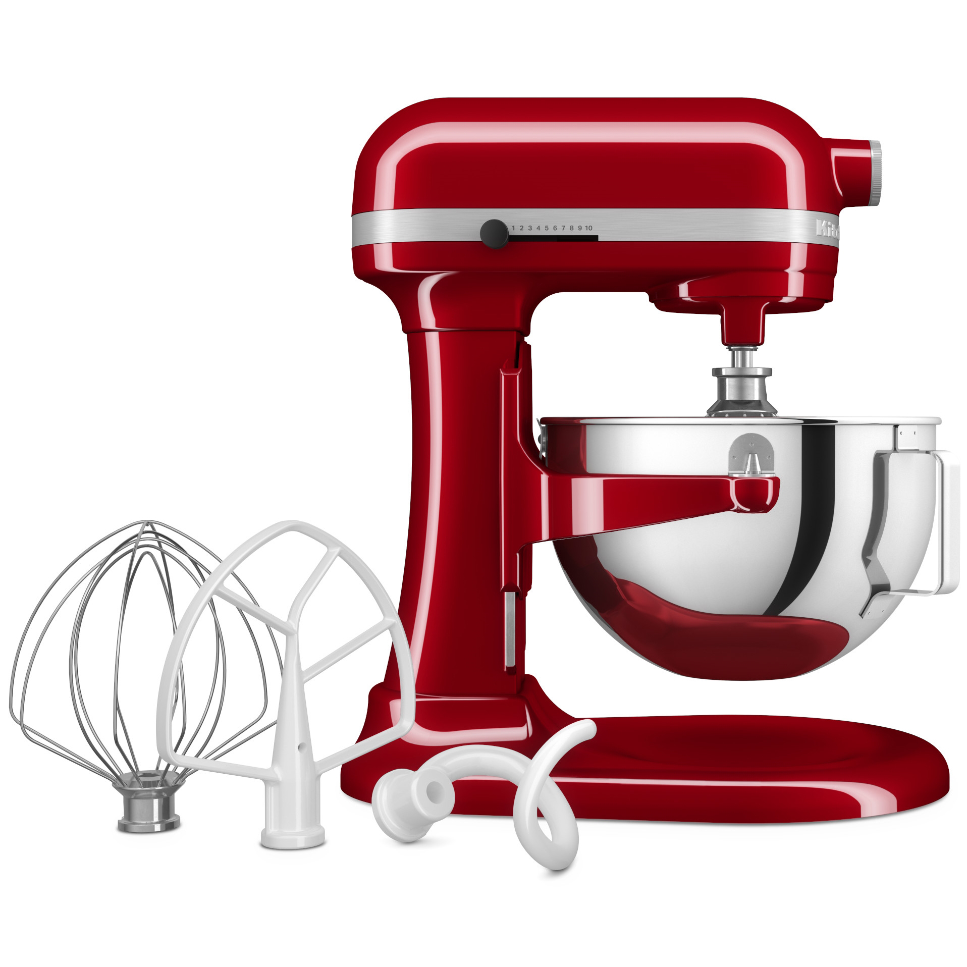 Robot planetarny KitchenAid Heavy Duty 5,2 l w kolorze czerwonym z misą ze stali nierdzewnej. W zestawie widoczne są trzy końcówki: druciana rózga, białe mieszadło płaskie oraz biały spiralny hak do ciasta.