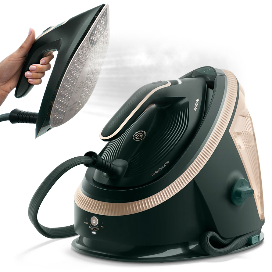 Generator pary Philips Seria 7000 w kolorze ciemnozielonym ze złotymi wykończeniami. Prezentuje funkcję silnego wyrzutu pary w pionie oraz stację bazową z technologią OptimalTEMP. Urządzenie wyposażone w przezroczysty zbiornik na wodę i system odkamieniania.