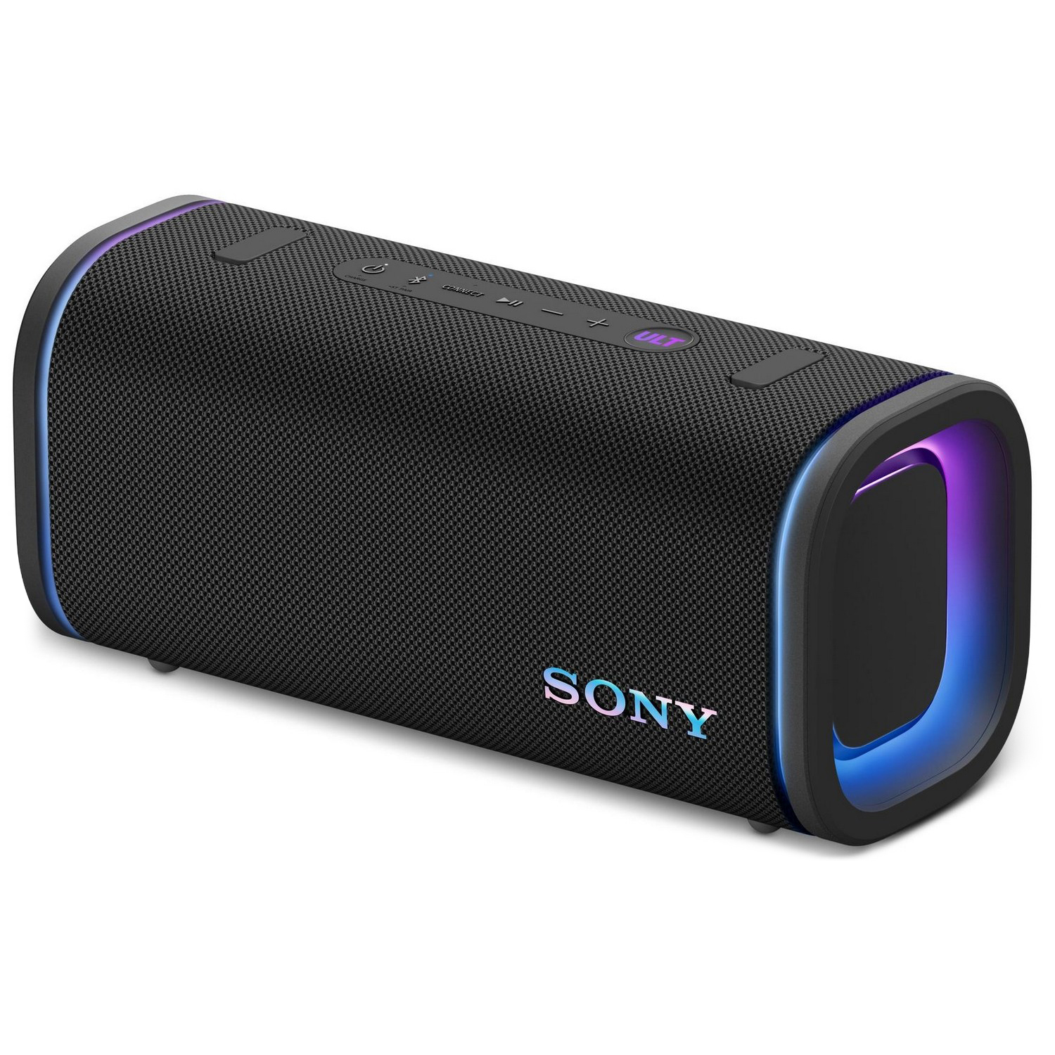 Czarny głośnik mobilny Sony ULT FIELD 5 z kolorowym podświetleniem RGB na bokach i przy logotypie. Widok z boku ukazuje teksturę siatki, panel przycisków na górze oraz fioletowy przycisk funkcji ULT.