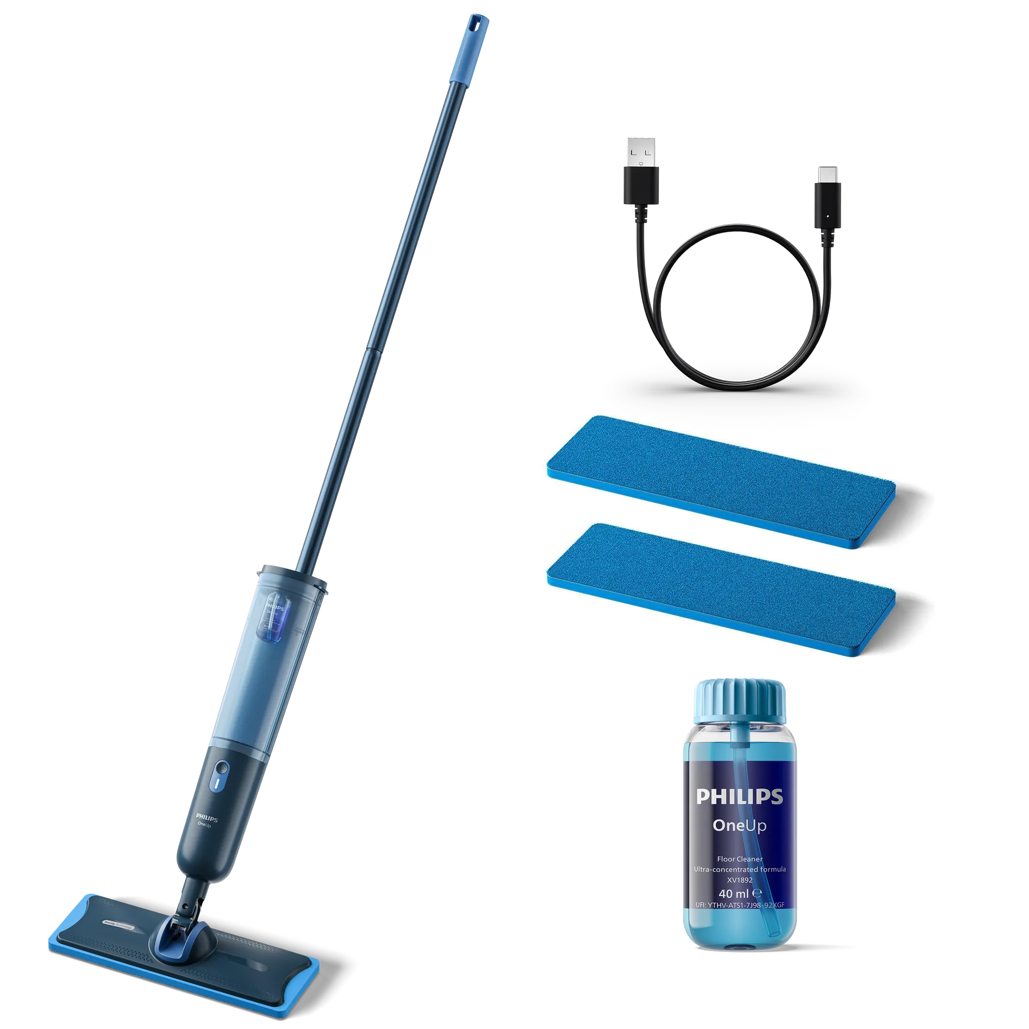 Granatowy, bezprzewodowy mop elektryczny Philips OneUp XV3101/11 z niebieską nakładką na głowicy, na białym tle. Obok mopa widoczny jest komplet akcesoriów: kabel USB-C, dwie zapasowe niebieskie nakładki z mikrofibry oraz butelka środka czyszczącego Philips OneUp.